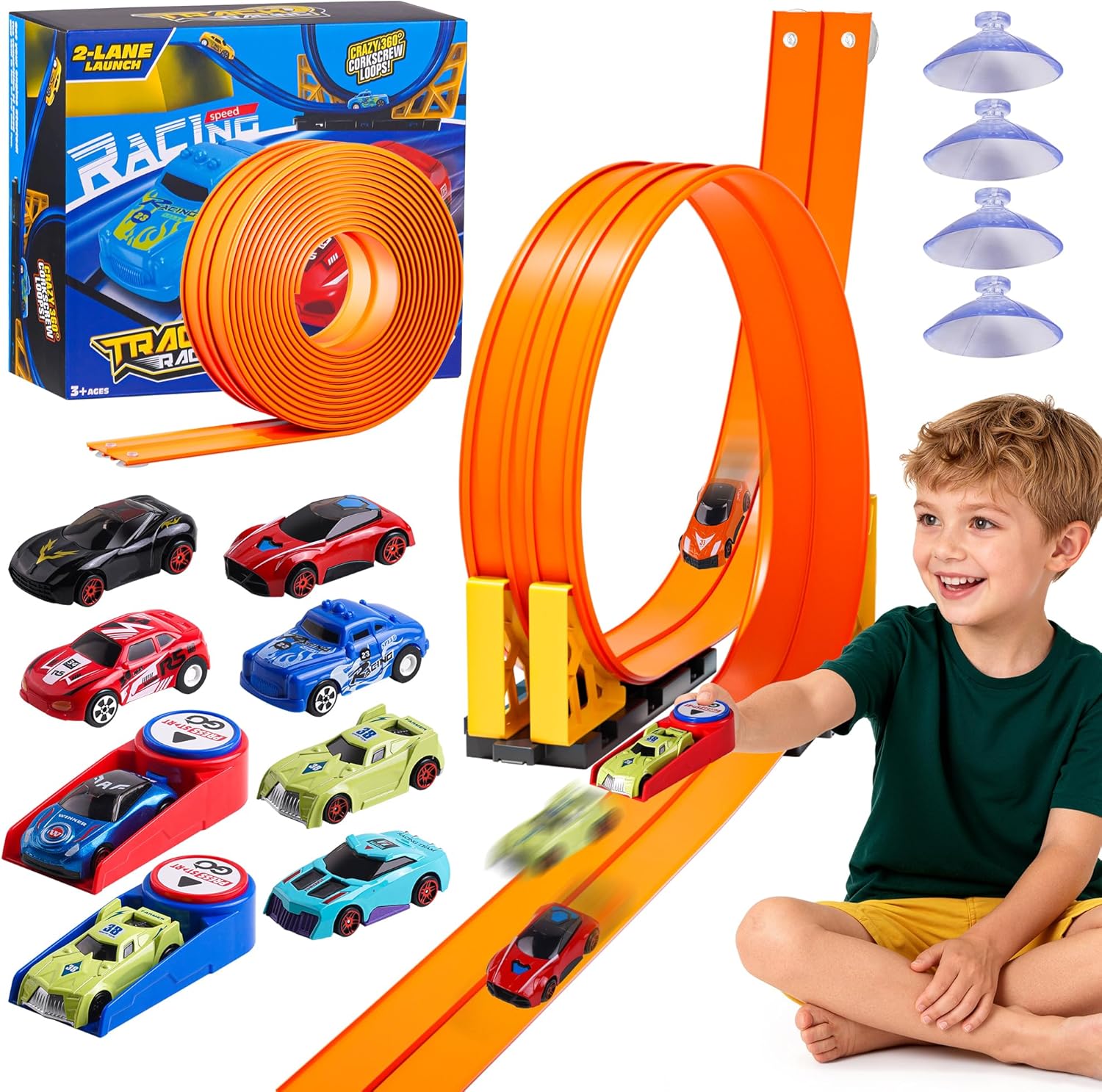 16-Ft Flexible Race Track Set for Kids, DIY Roll-Up Racetrack with 2 Launchers & 6 Mini Cars, Suction-Cup Portable Track Compatible with 1:64 Die-Cast Cars, Indoor & Outdoor （Orange）