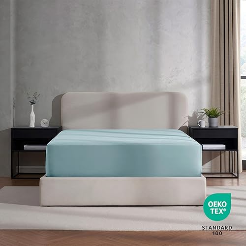 Miniatura 6 de Nestl Sábana bajera ajustable de bolsillo extra profundo de color azul claro, tamaño completo, sábana bajera de lujo hotelero con bolsillo profundo