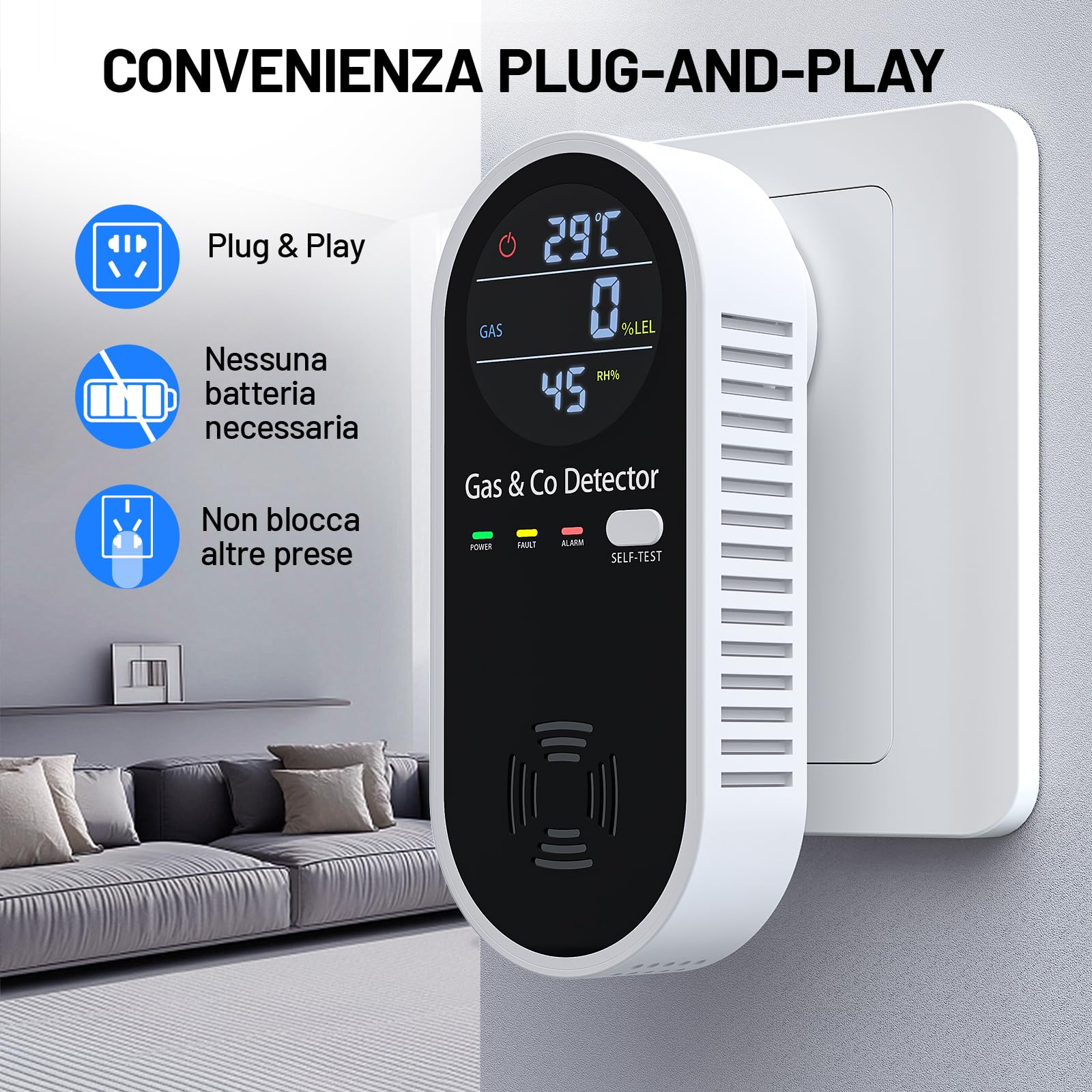 YOJOCK 4-in-1 Rilevatore di Gas e Monossido di Carbonio, Rilevamento CO fino a 2000PPM, Sensori per Gas Naturale, LPG, Metano, Propano, Temperatura e Umidità, Auto-Test