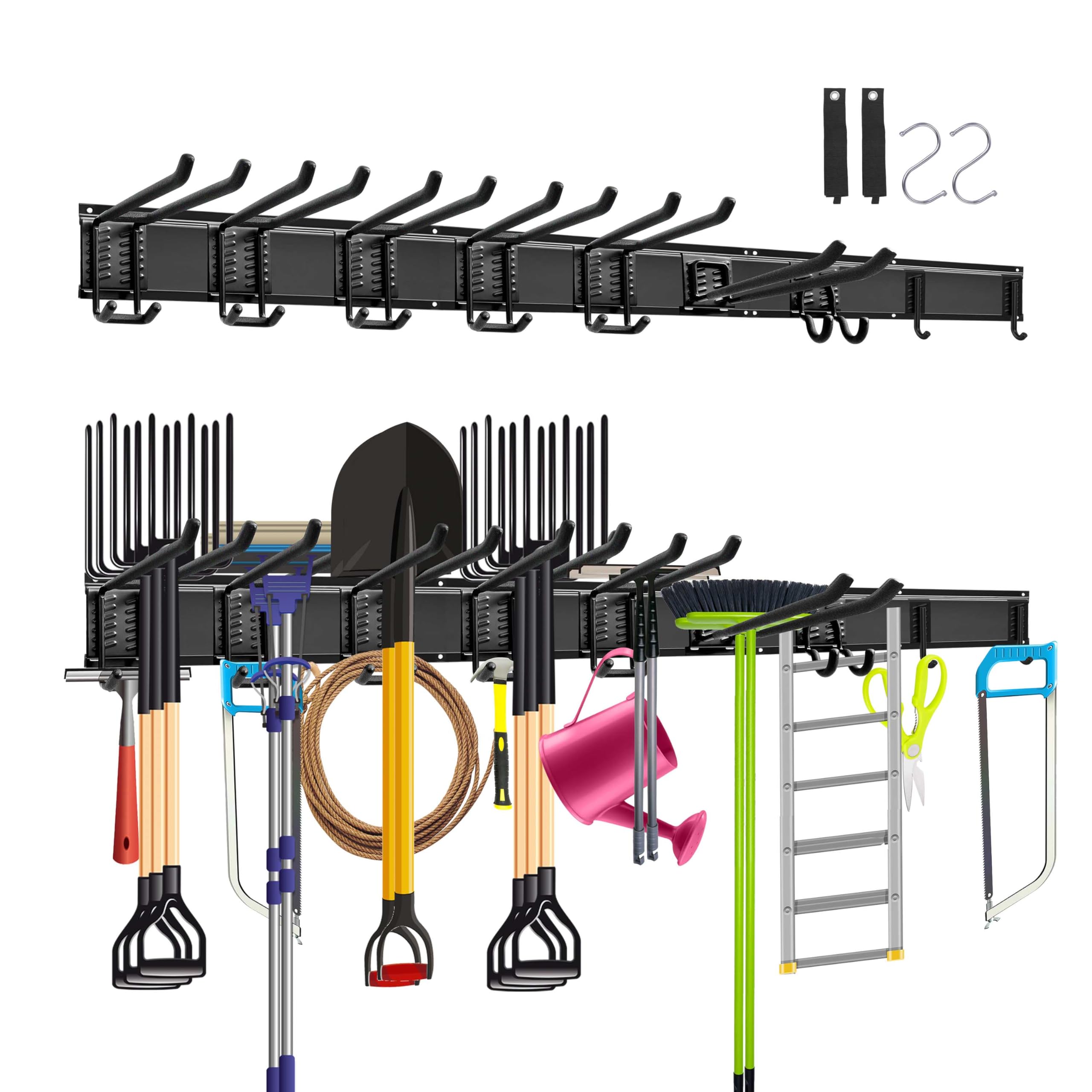 Mimoke Étagère murale pour garage et jardin, 3 rails avec crochets modulables, longueur totale 122 cm, robuste, pour équipements de jardin