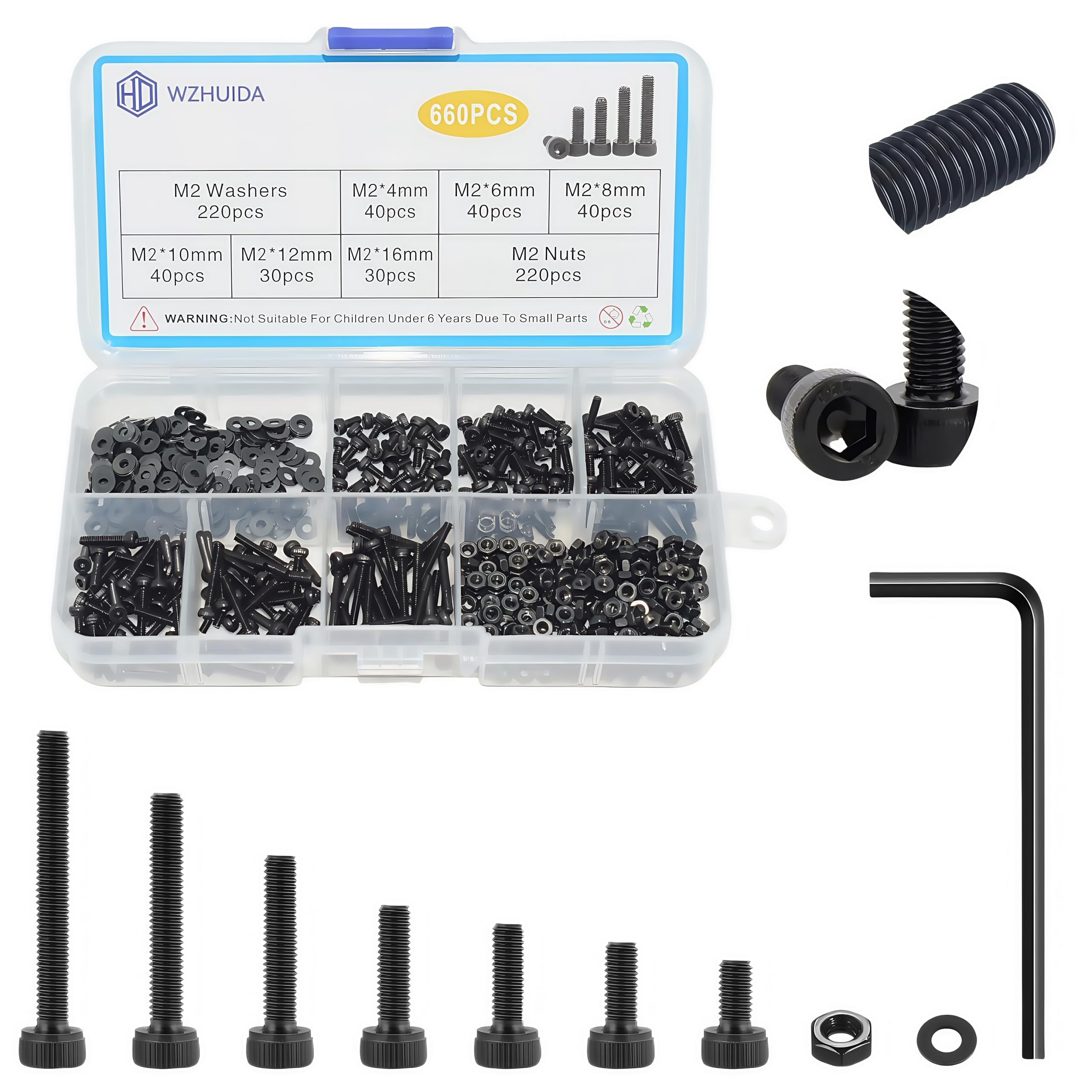 WZHUIDA 660 Piece M2 Screws Set, Black Metric Cylinder Head Screws, Hexagon Socket Screws, Nuts and Washers Assortment Set, Thread Machines, Hex Screws — image 1