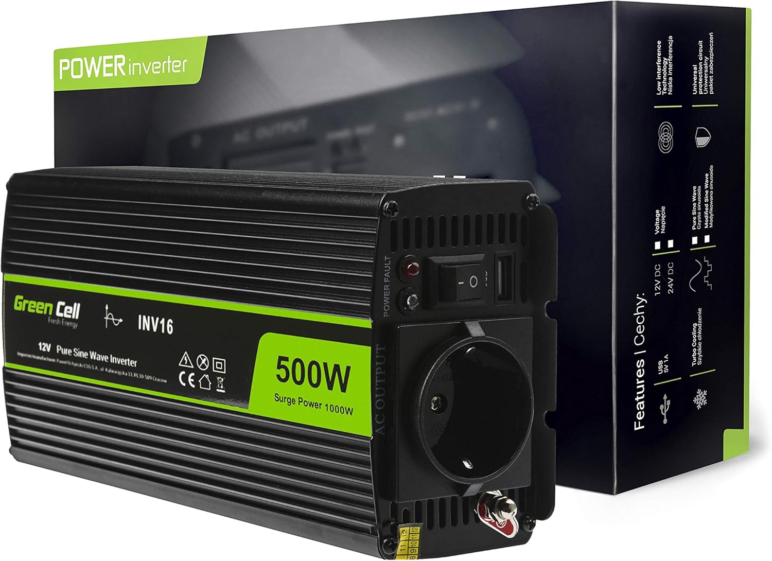 Green Cell INV16 Power Inverter with its packaging, highlighting 500W output and pure sine wave feature.