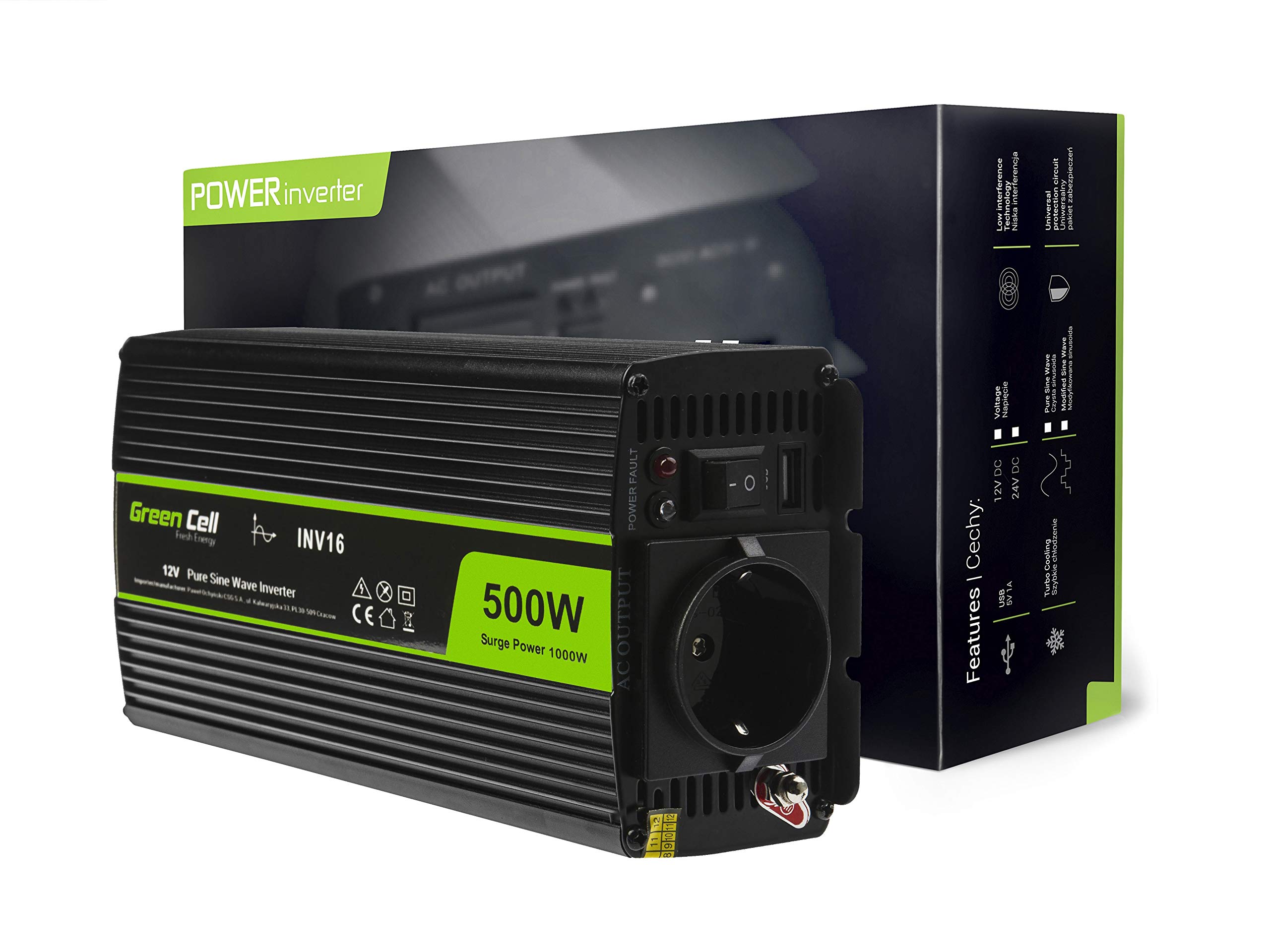 Green Cell® 500W/1000W 12V 220V/230V Onda Pura Inverter Invertitore di Tensione Fotovoltaico DC AC per Camper Auto Convertitore di Potenza, Trasformatore sinusoidale Pura Porta USB per Batteria Auto