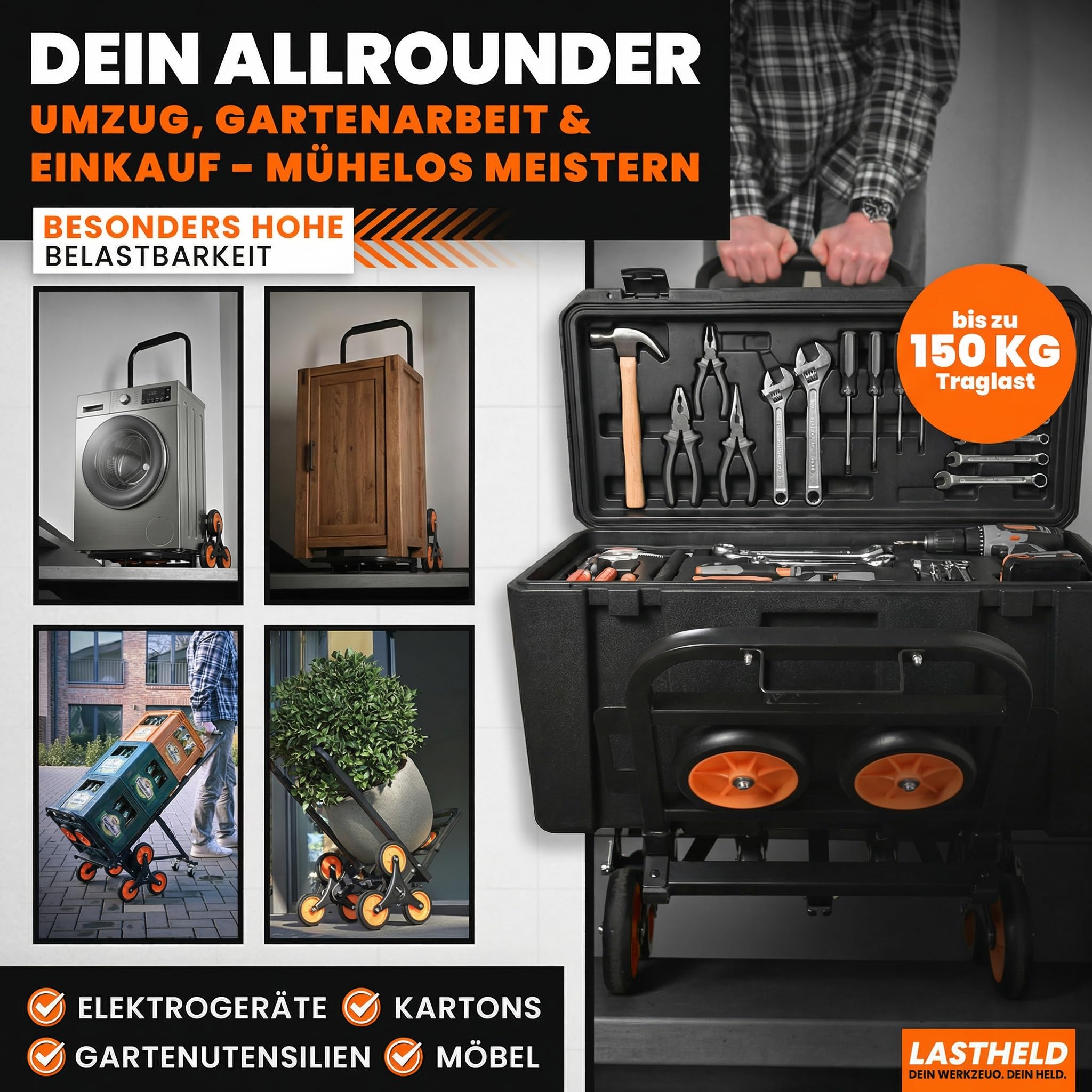 LASTHELD Sackkarre klappbar Treppensteiger | Treppensackkarre Transportkarre 2-in-1 | Treppenkarre Transportwagen Sackrodel Stapelkarre Treppenwagen faltbar | Stahl 150 kg