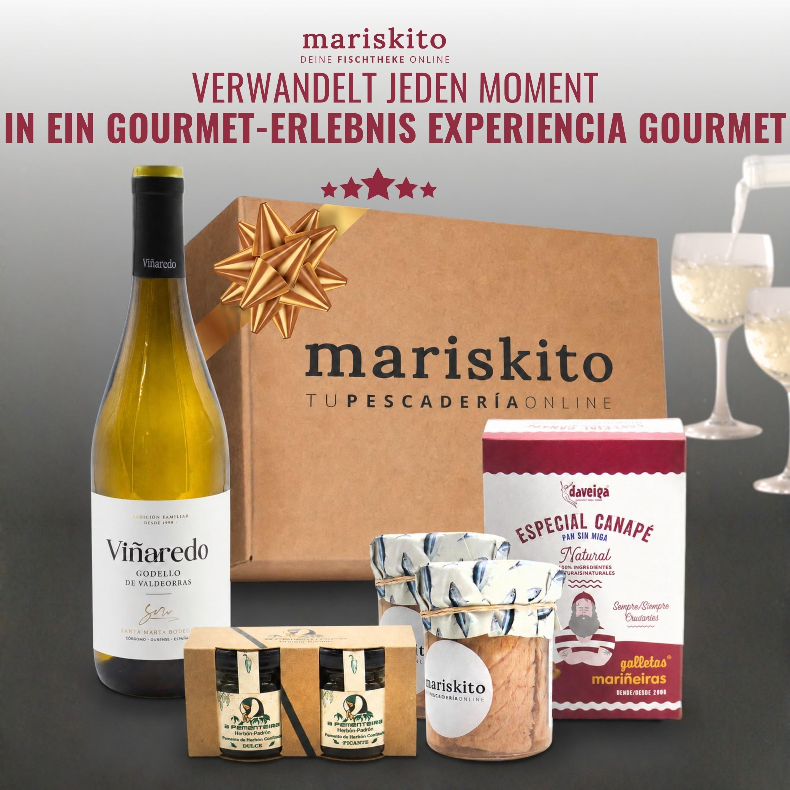 MARISKITO | Geschenkbox mit galizischen Gourmetprodukten – Paket mit Weißem Thun, süß-scharfer Paprikamarmelade und einer Flasche Wein – Weihnachtspräsente, Jubiläen, Feiern – La Mar de Bonito