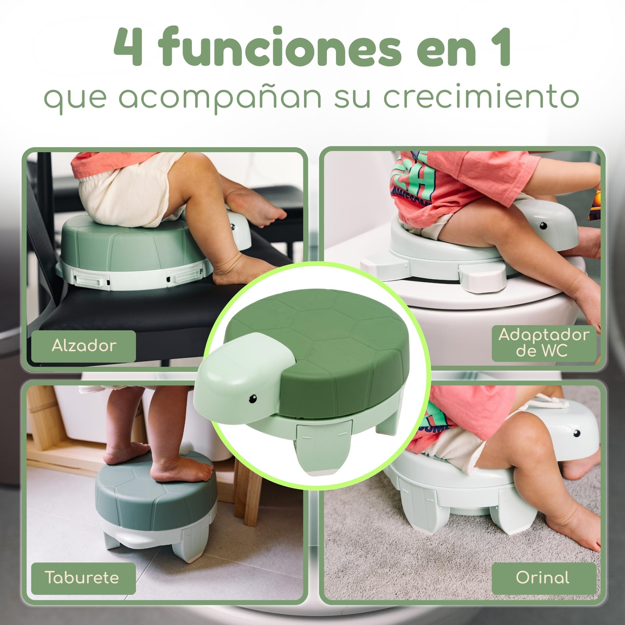 Vasino Bambini Portatile 4 in 1 Pieghevole – Riduttore WC per Bambini, WC Portatile da Viaggio, Sgabello e Rialzo, Design Tartaruga, con 20 Sacchetti e Zaino