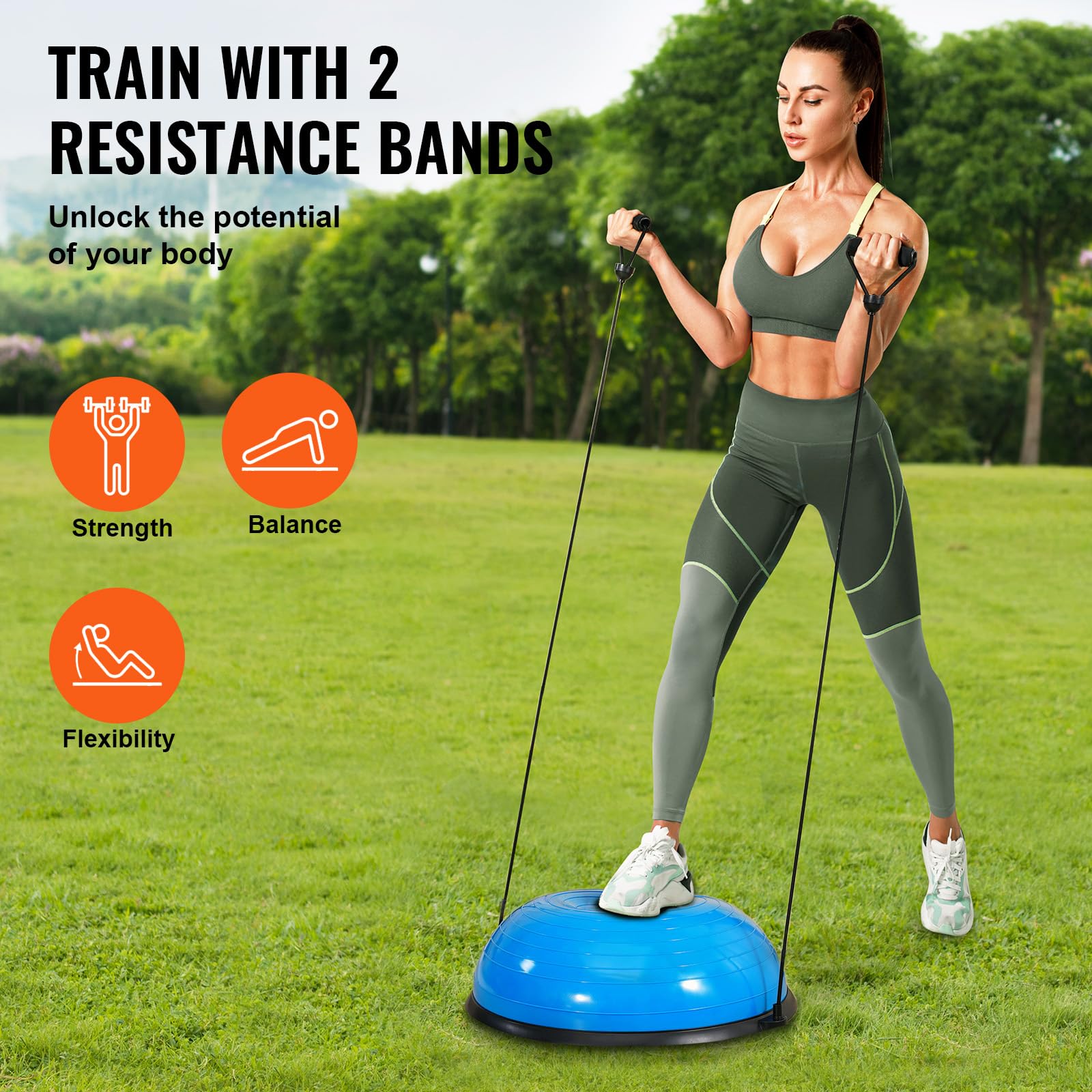 VEVOR Entrenador de Pelota de Medio Ejercicio, 620 x 215 mm, 300 kg, con Bandas de Resistencia y Bomba de Pie