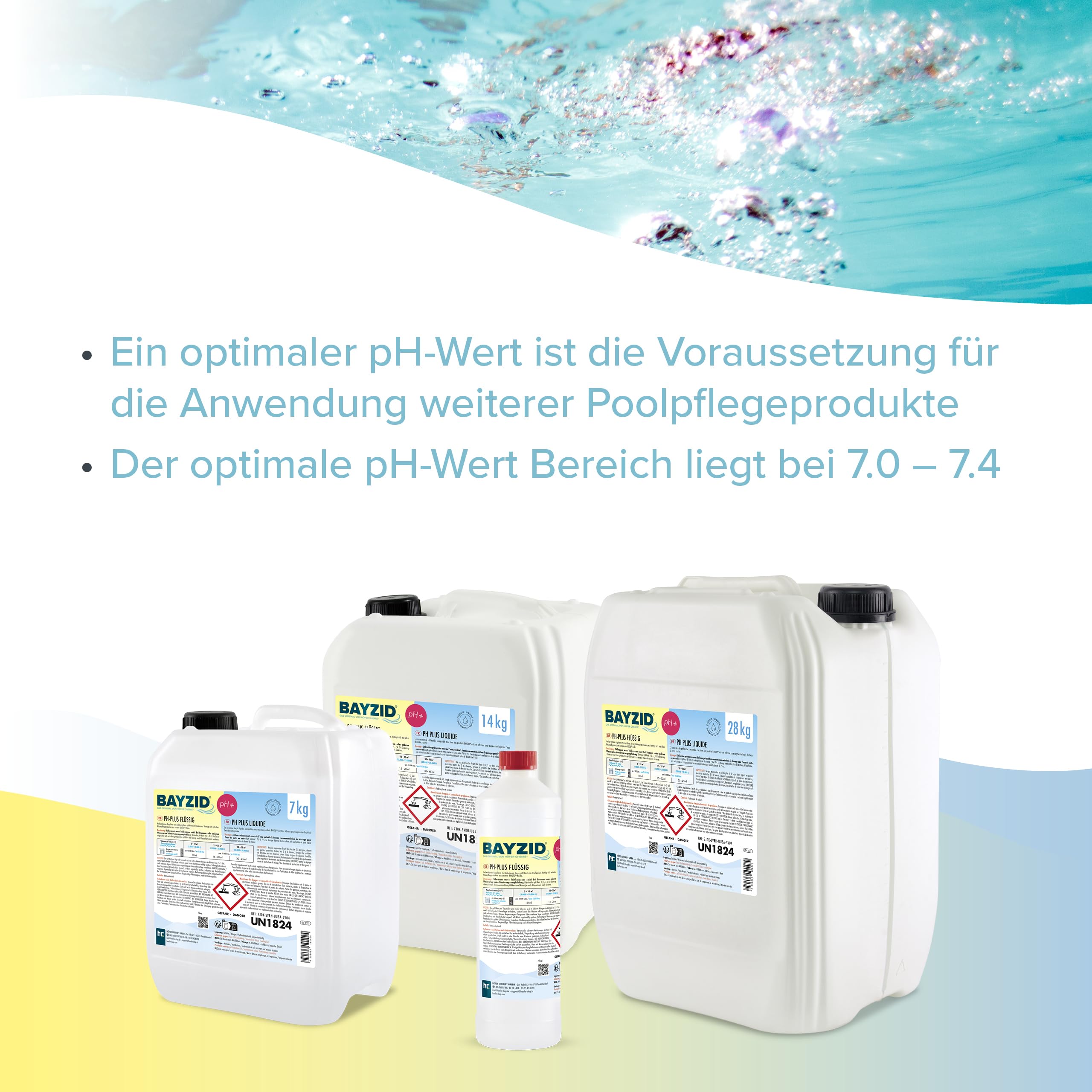 1 x 28 kg pH Heber flüssig von Höfer Chemie - DAS ORIGINAL für einen optimalen pH-Wert und einwandfreie Wasserwerte | Geeignet für alle Behandlungen – reine und stabile Qualität – erhöht den pH-Wert sanft – schnell löslich