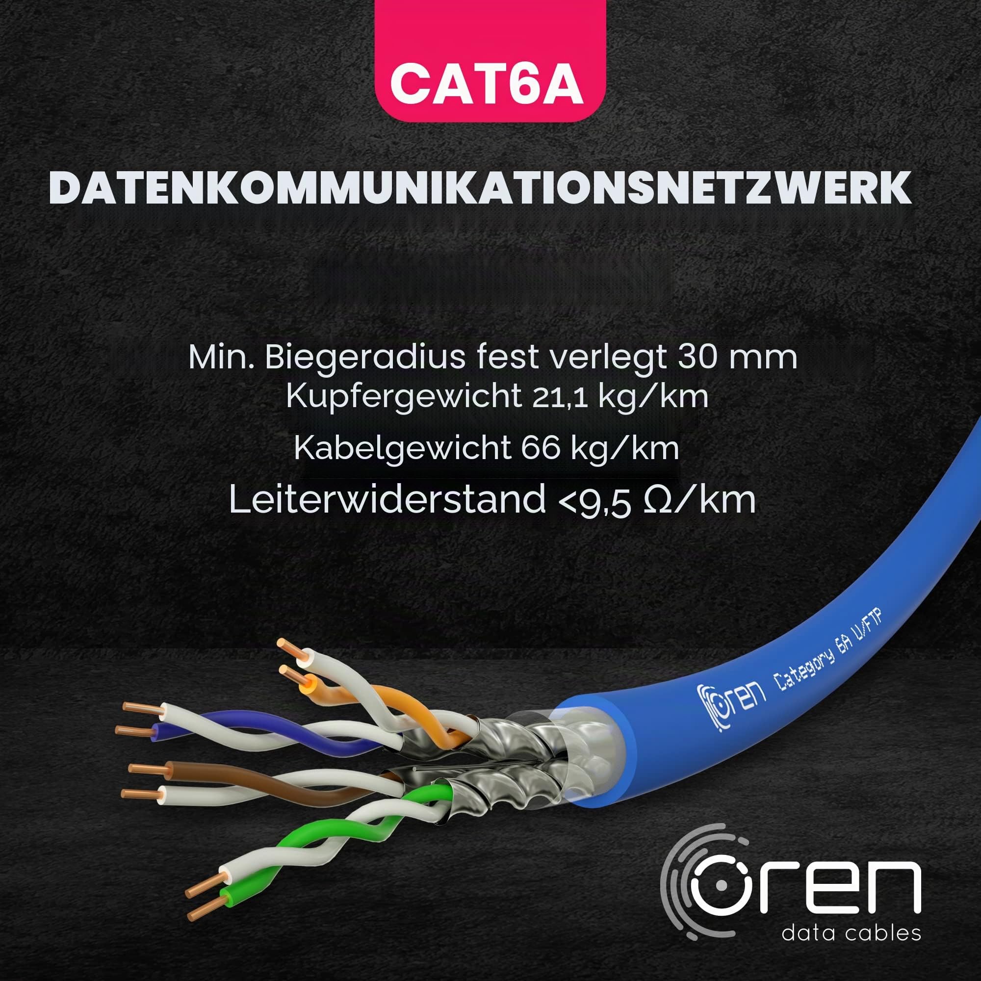 Oren CAT6A 50m Ethernet Kabel – 23 AWG reiner Kupferdraht – 500 MHz Bandbreite U/FTP-Internet-LAN-Netzwerkkabel, halogenfrei, nicht korrosiv – 10 GbE Hochgeschwindigkeit