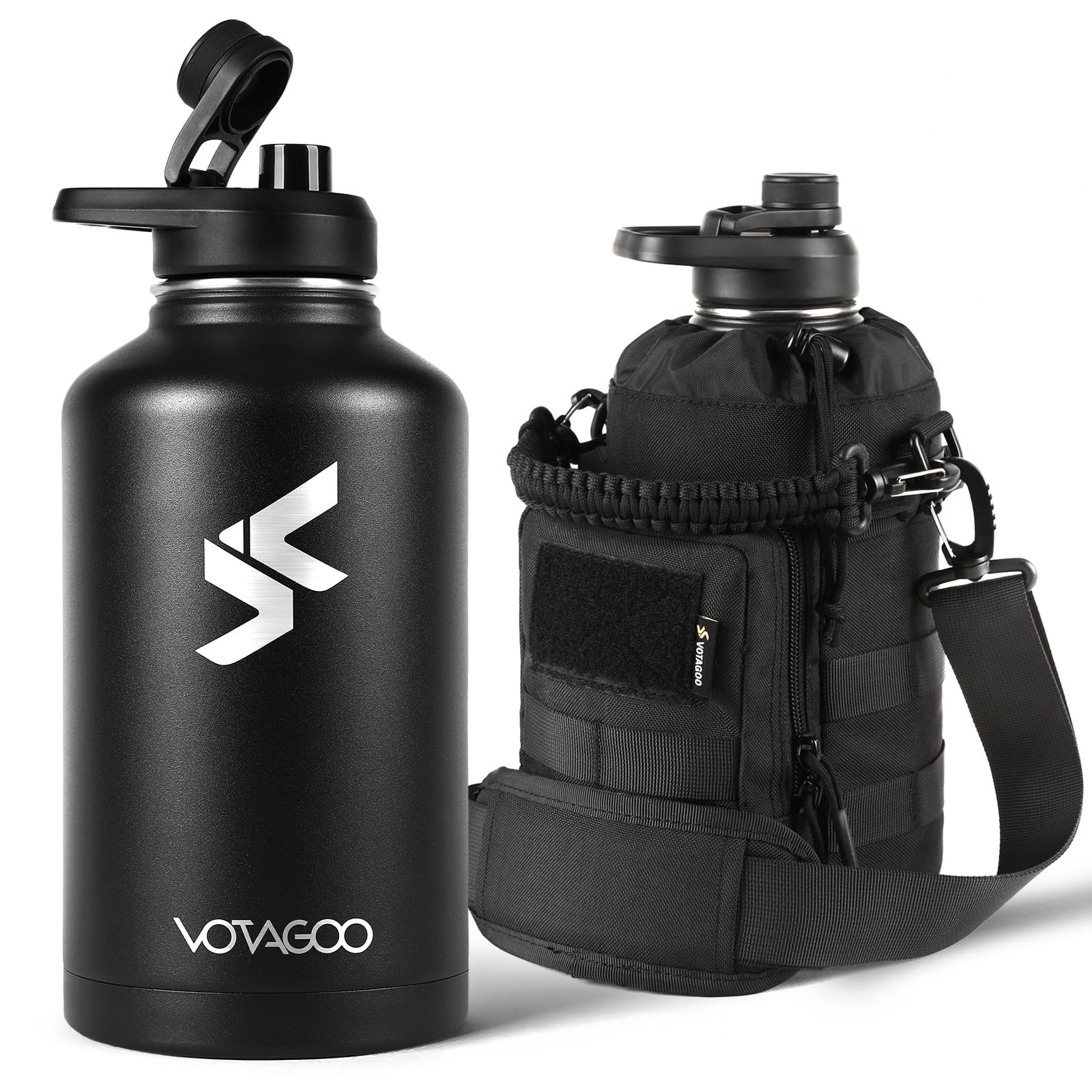 Taktische Wasserflasche, 1,8 l, Edelstahl, isolierte Wasserflasche, Metall-Militärflasche mit robuster, abnehmbarer Hülle, taktische Tragetasche für Wandern, Camping, Jagd