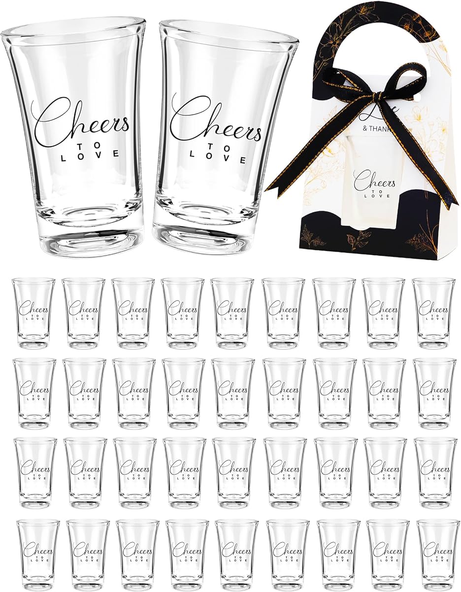 100 Sets Wedding Favors for Guests-Wedding Short Glasses Cheers to Love Acrylic Clear Shot Glasse,Plastic Glasses with Thank You Treat Boxes for Bridal Shower Friends Family Guests