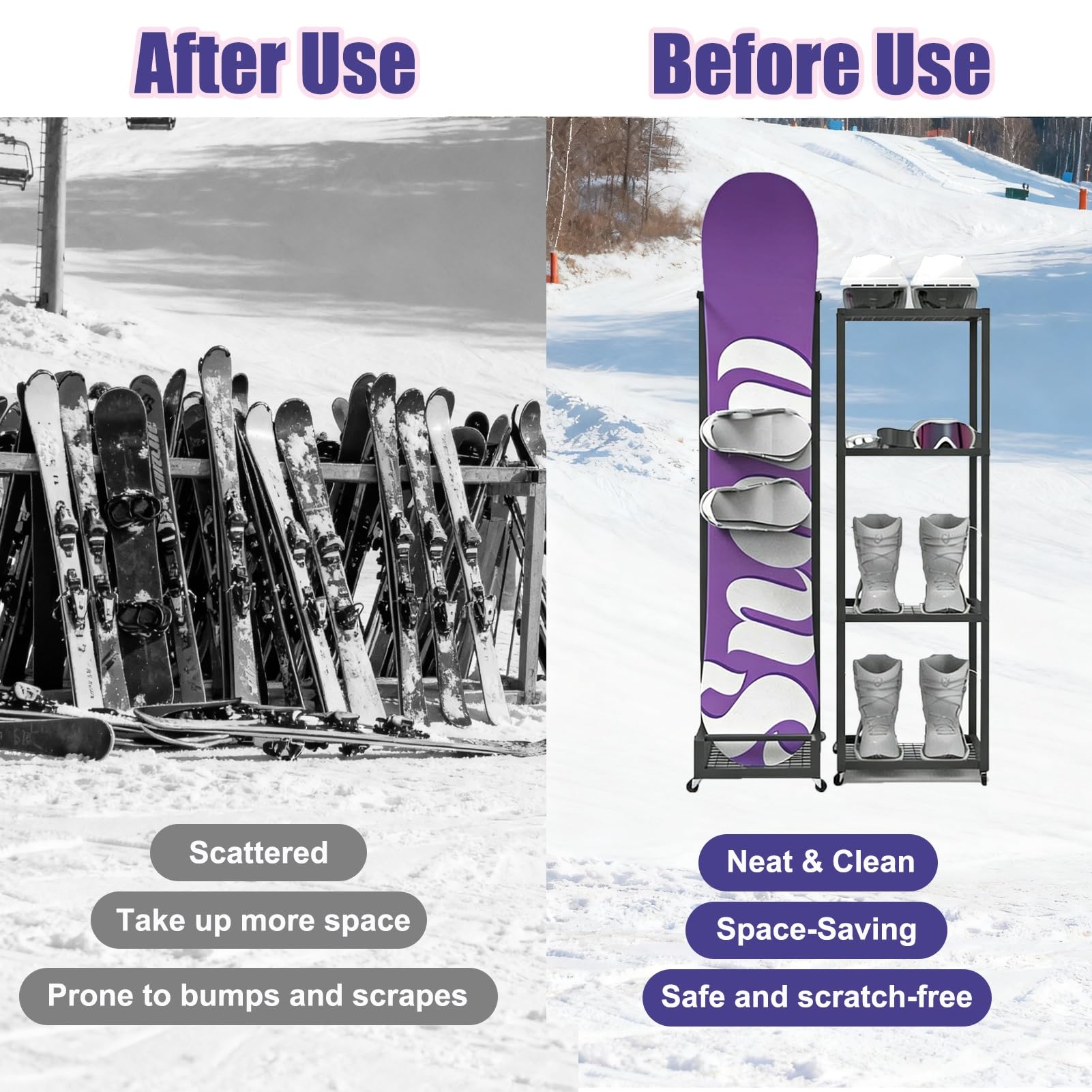 SkistäNder Freistehendes Skiregal für Garage/Keller, Bewegliches Skateboard-Regal für Winterzubehör, Robuste Longboard-Halterungen, Ski-Aufbewahrungsregal, Ski-Organizer