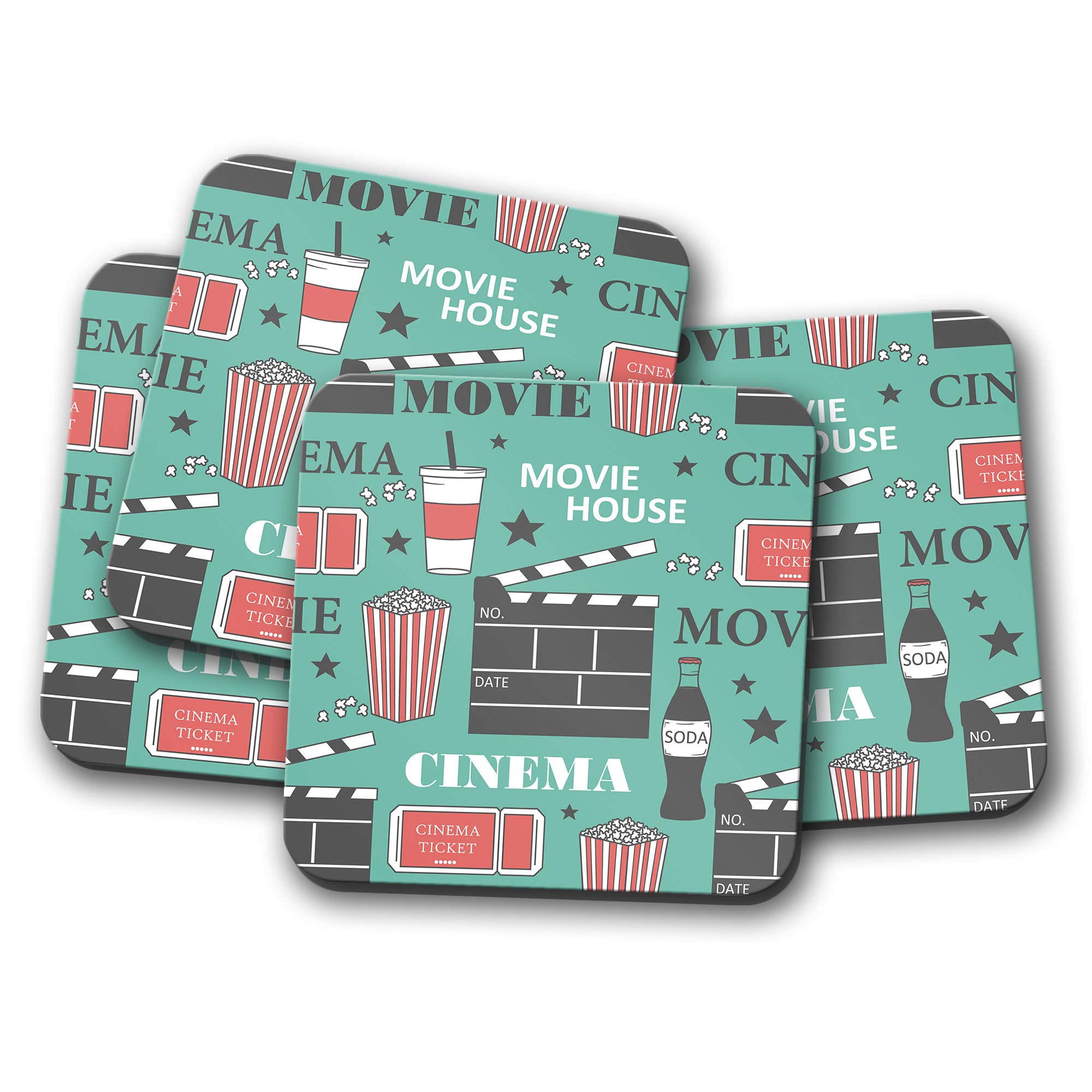 Destinationvinyl Multicolor 4 Set - Movie Cinema Drinks Coaster - Films Popcorn Student Retro Fun #8402
