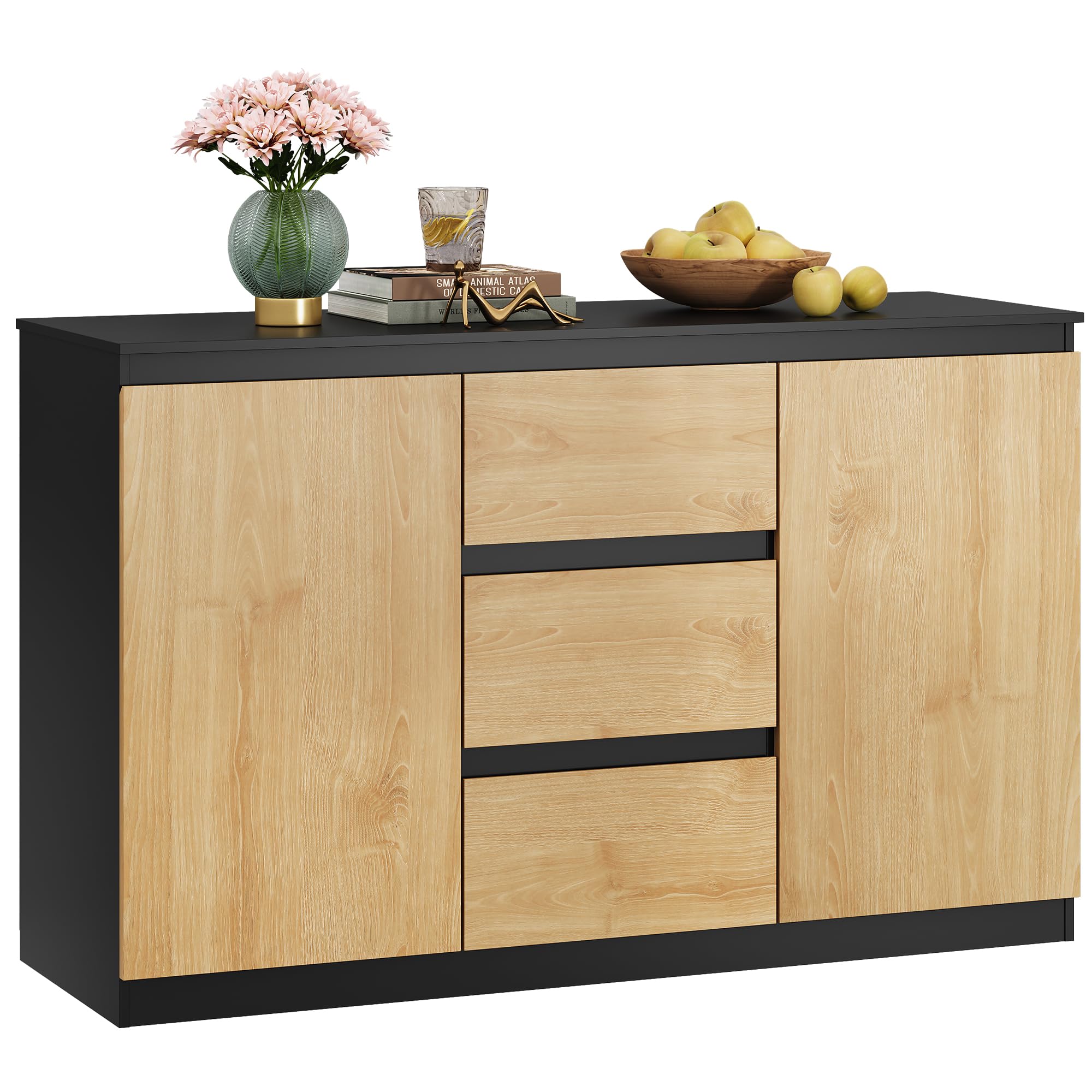 WLIVE Chest of Drawers with 3 Drawers, Sideboard Cabinet with 2 Door 4 Shelvses, Modern Storage Unit, for Living Room, Bedroom, Hallway, (Black + Oak, 2 Door 3 Drawer)