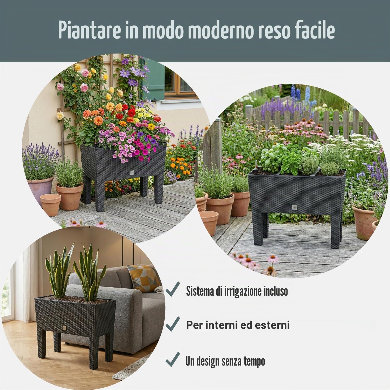 Giardiniere alto rettangolare da 30 litri con autoirigue 60 x 25 x 46 cm con gambe di colore antracite