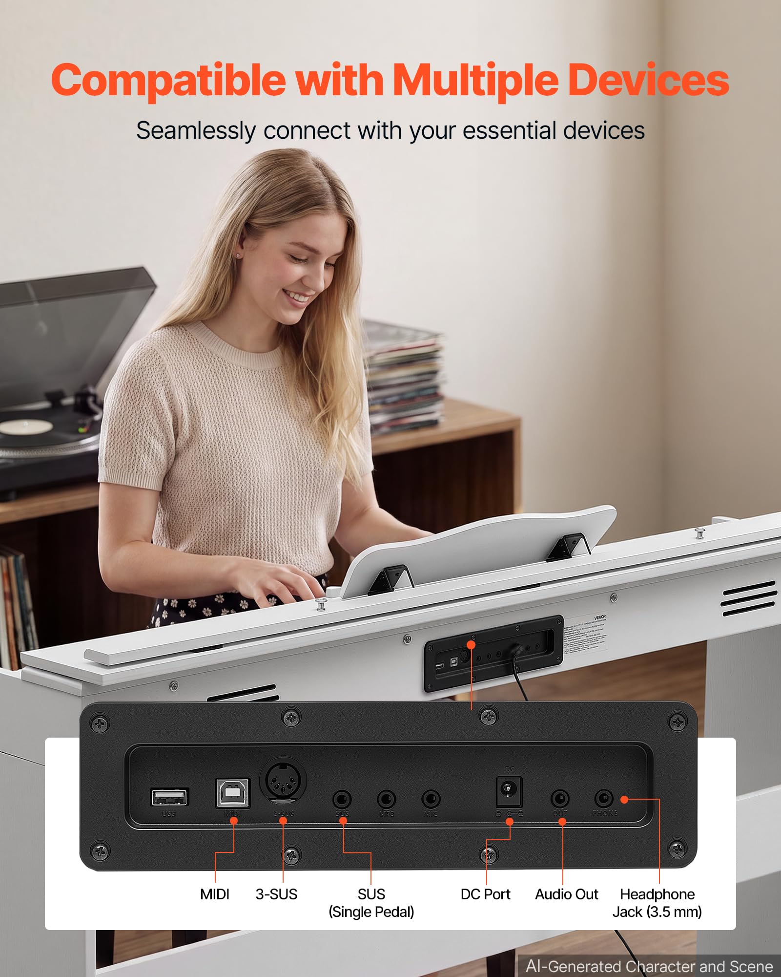VEVOR Digitalpiano 88 Halbgewichtete Tasten E-Piano HiFi-Lautsprecher Weiß