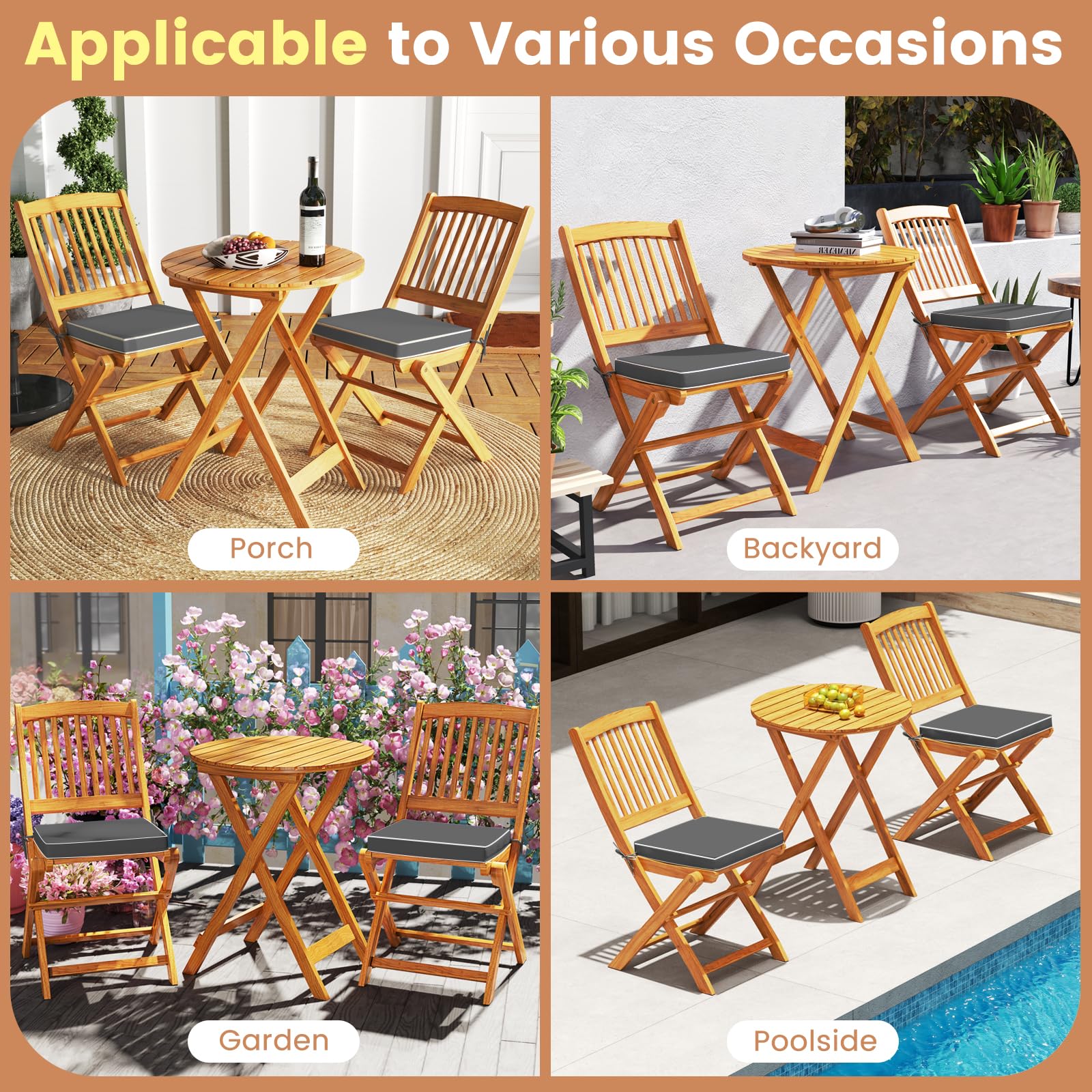 GIANTEX Set da Giardino 2 Posti in Legno di Acacia, Tavolo da Giardino Esterno con Sedia Pieghevole, 2 Cuscini Rimovibili, per Terrazza, Balcone, Bistrot (Grigio + Naturale)