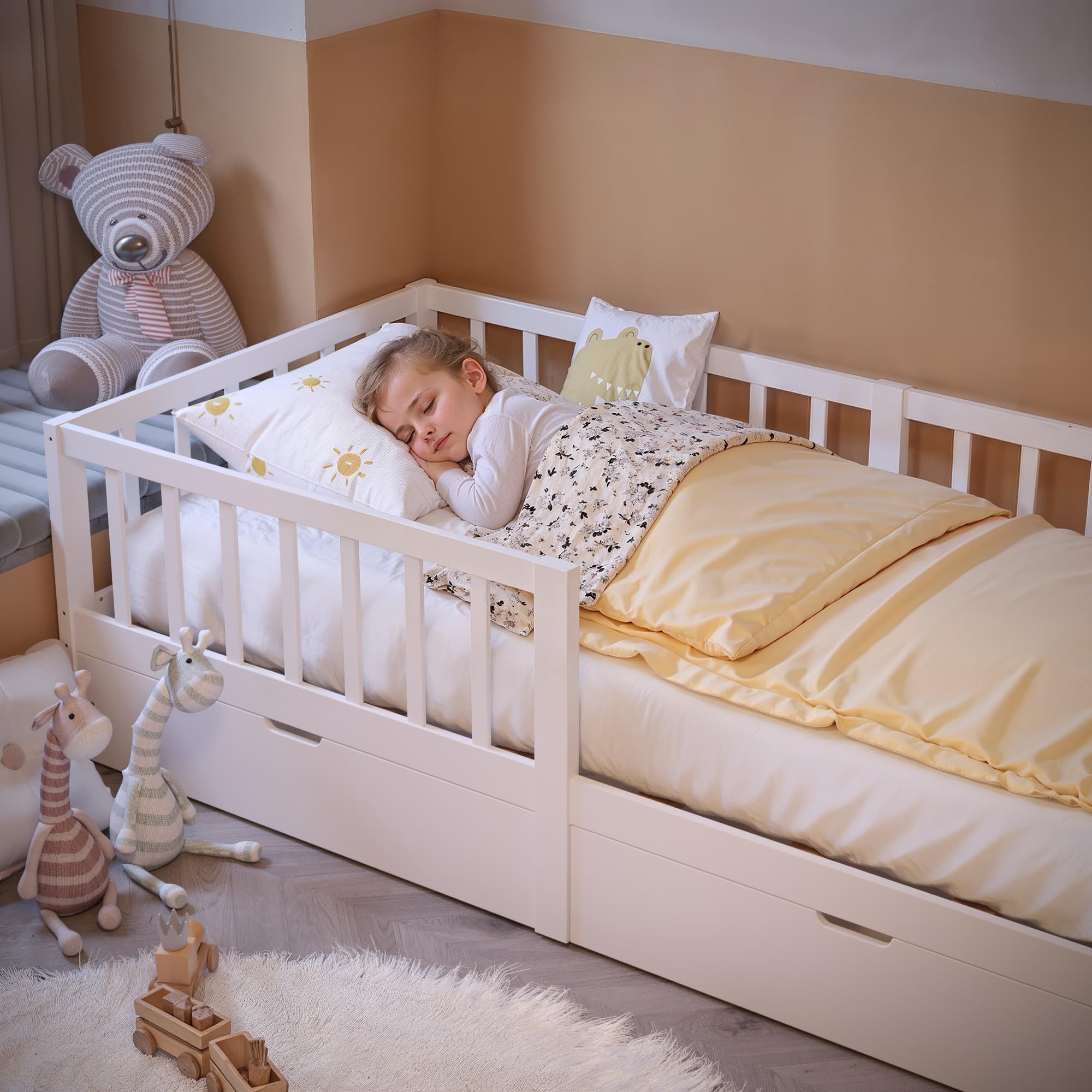 Xbro Letto per bambini 100×200 cm con cassetto, sponda anticaduta e rete a doghe, adatto anche per adolescenti, facile da montare, colore bianco