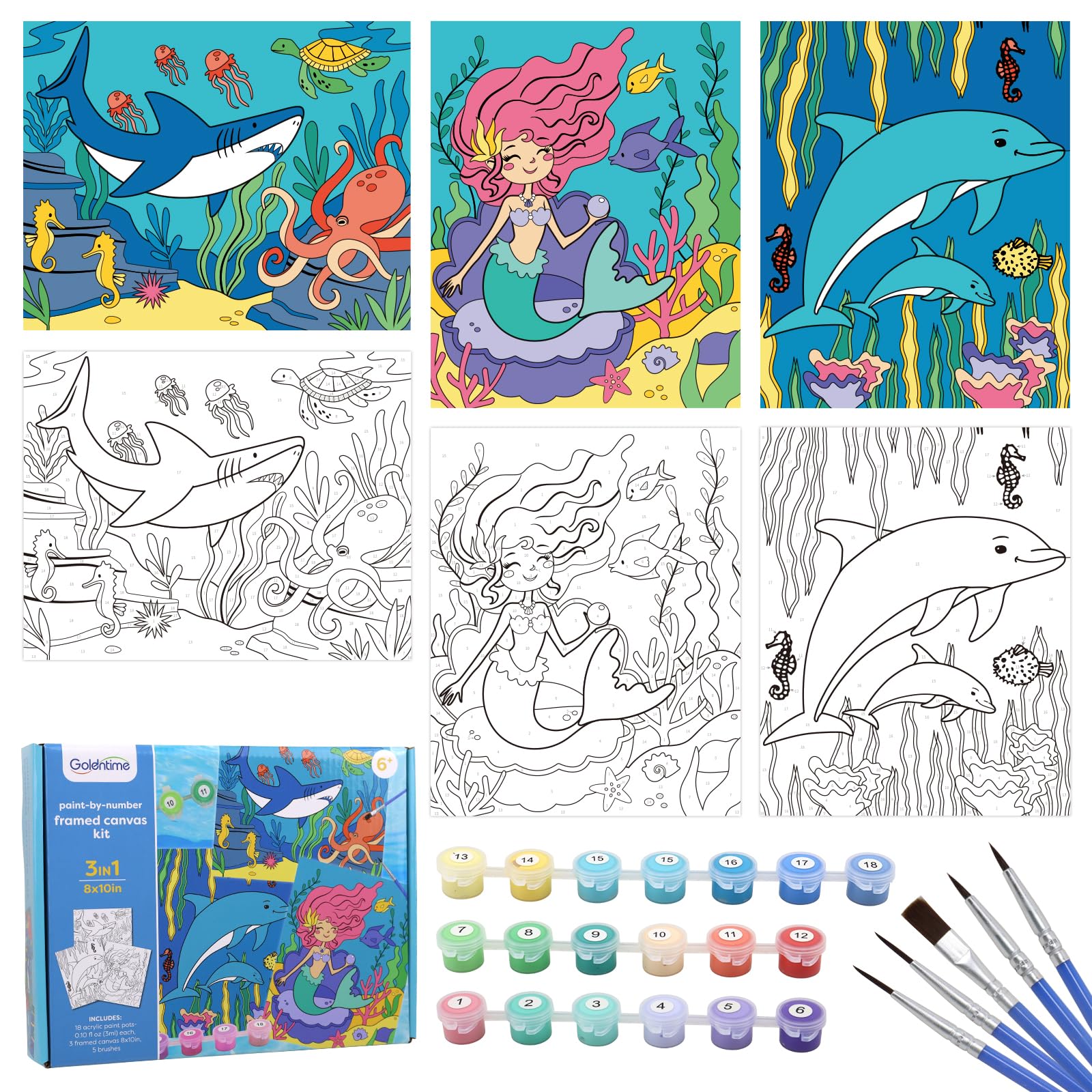 goldentime 3 Pack Kids Paint by Numbers Ages 4-8-12 Includes 8x10 inch Framed Canvas with 19 Acrylic Paints, 5 Brushes Fun and Easy Predrawn Canvas