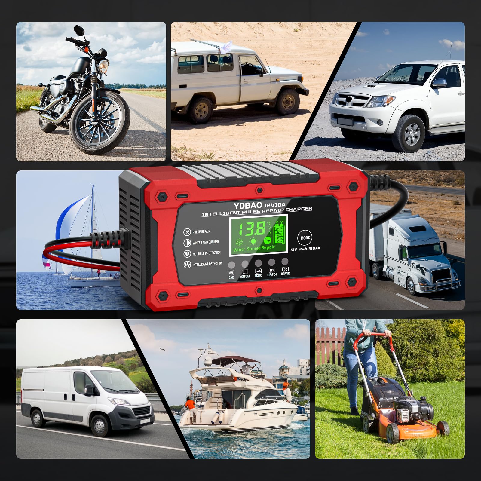 YDBAO Caricabatterie Auto 10A 12V Multi Protezioni Carica Batteria per Auto Intelligente Mantenitore di Carica Auto Moto con Schermo LCD per Moto, Barche, Auto, Batteria AGM, LiFePO4
