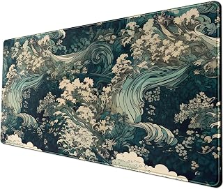 Japanese Large Mouse Pad Gaming Sea Wave Desk Pad Blue Sea Flower Art Aesthetics Desk Pad Non-Slip Rubber Base Mice Pad, 31.5 X 11.8 in for Laptop Computer Mouse Keyboard Mat of Office Desk Decor