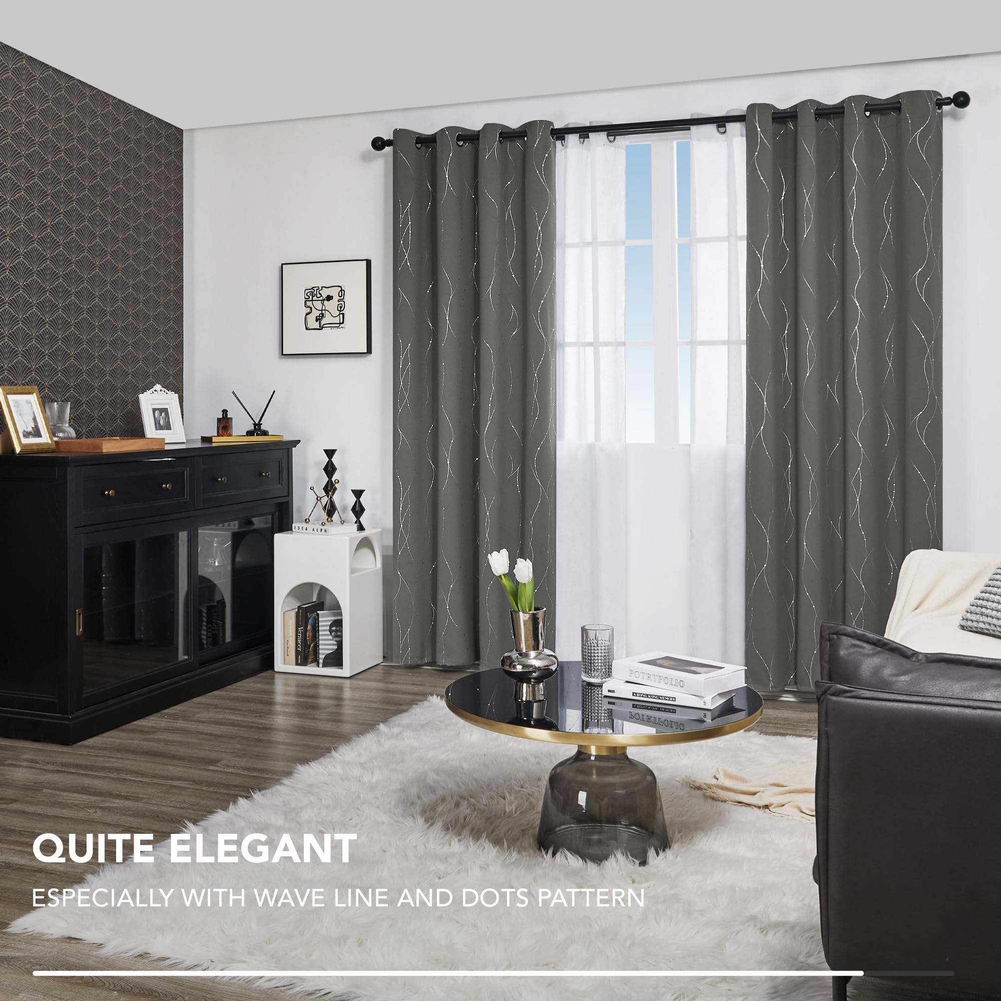 Deconovo Decorative Silver Dotted Line Foil Printed Blackout Curtains Thermal Insulated Curtains Eyelet Curtains for Baby Nursery 52 x 54 Inch Light Grey 2 Panels - 4