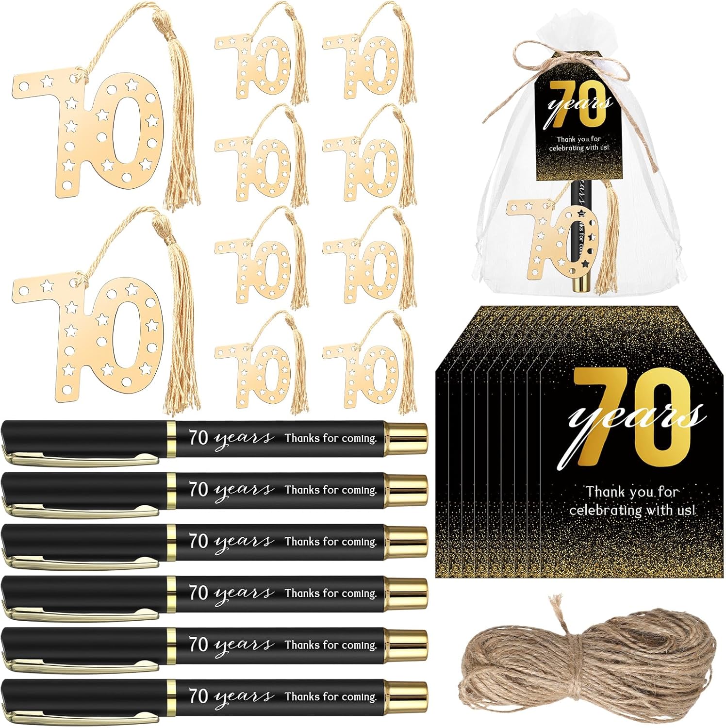 Spakon 25 Set 70th Birthday Party Favor for Guest Anniversary Party Favor Golden Birthday Bookmark Thanks for Coming Pen with Tag