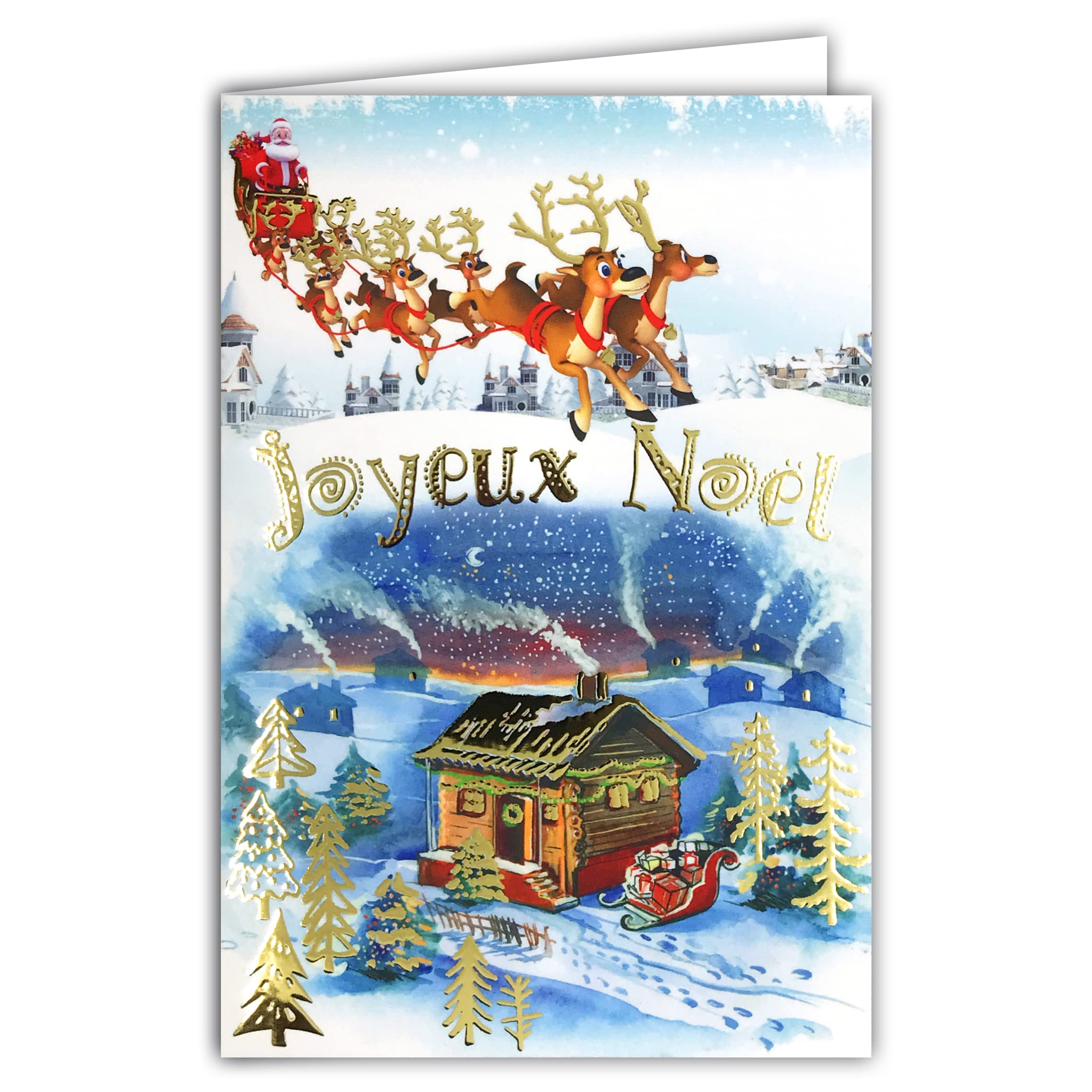 Afie 61-5673 Merry Christmas Card with Envelope and Gilding in Shiny Gold Sparkling Sleigh Reindeer Santa Claus Distribution Gifts for Smoking Fireplace House Under Snow Trees