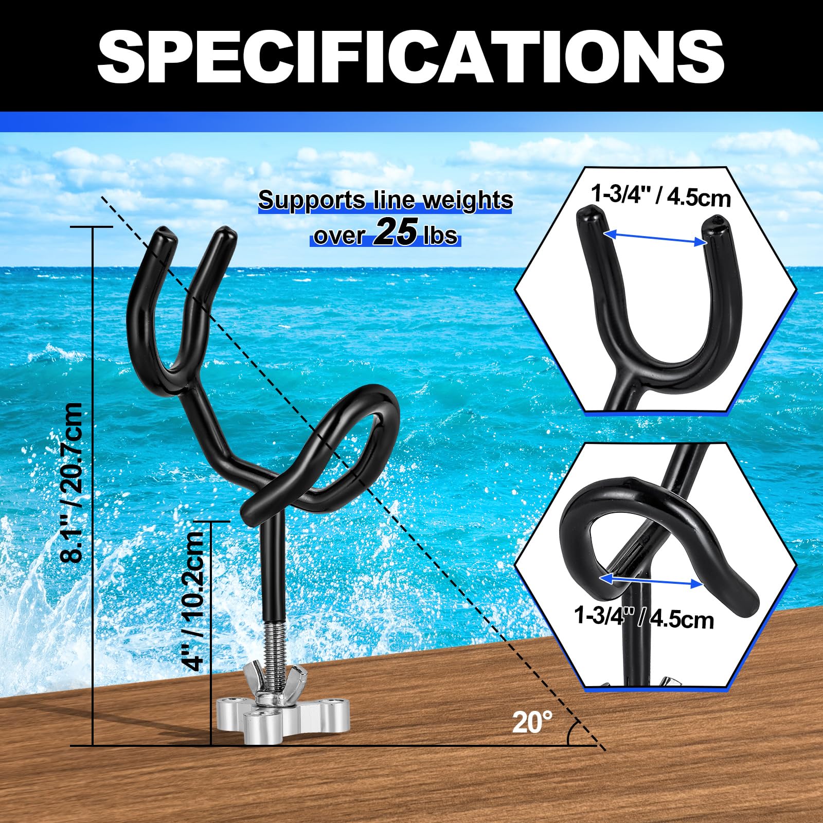 Angelrutenhalter für Boot, Sure Grip Stahl 20 Grad Winkel Rutenhalter mit Montagebasis, Angelrutenhalter für Boot, Schiff, Yacht und mehr für Angelliebhaber, Bootsrutenhalter, 4 Stück