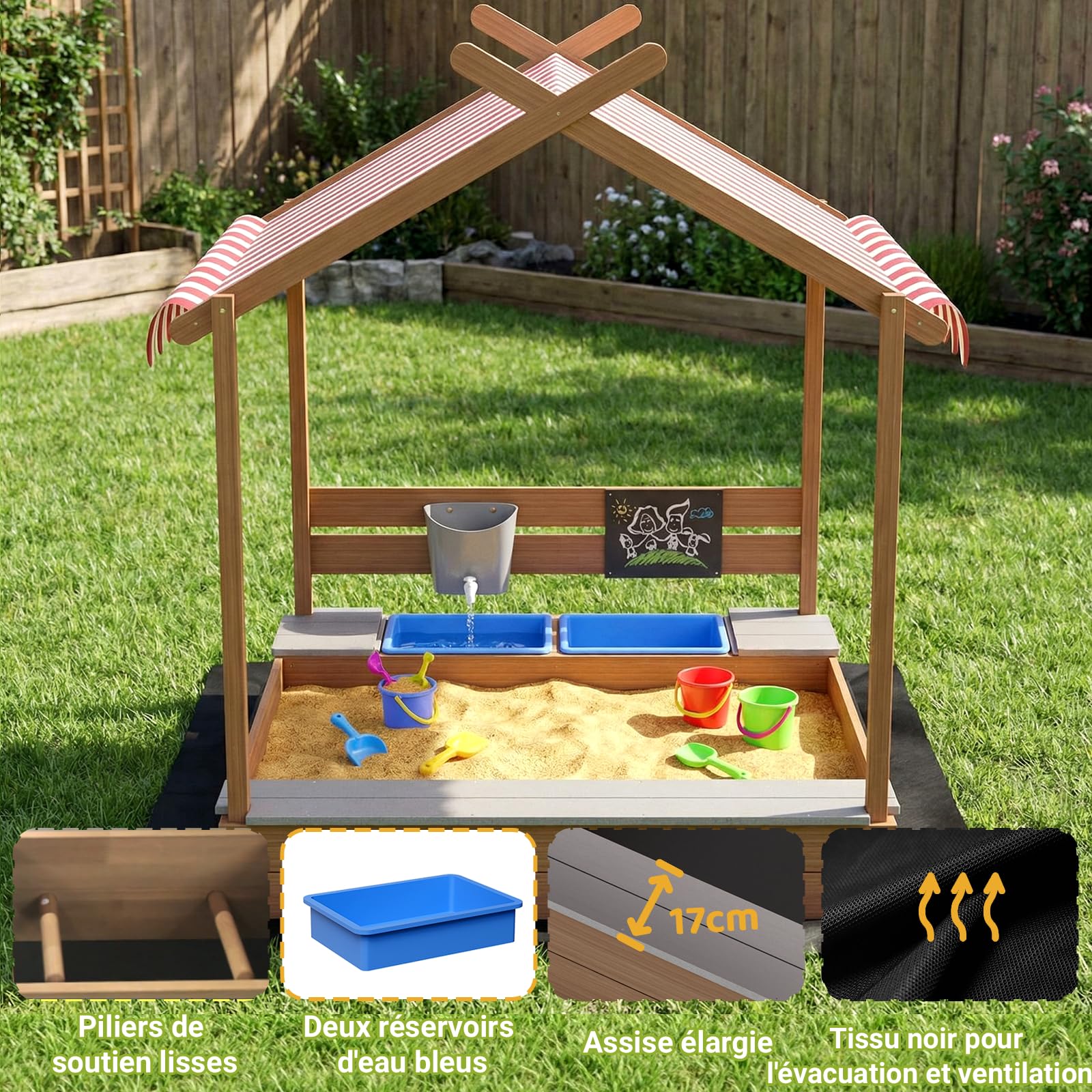MAMIZO Grand Bac à Sable Extérieur pour Enfants 3-10 Ans, Bac a Sable en Bois avec Couvercle, 2 Bassin, Bac à Sable aux Jardins, Plages, Balcons, Base en Tissu Non tissé Noir, 113x116x142 cm
