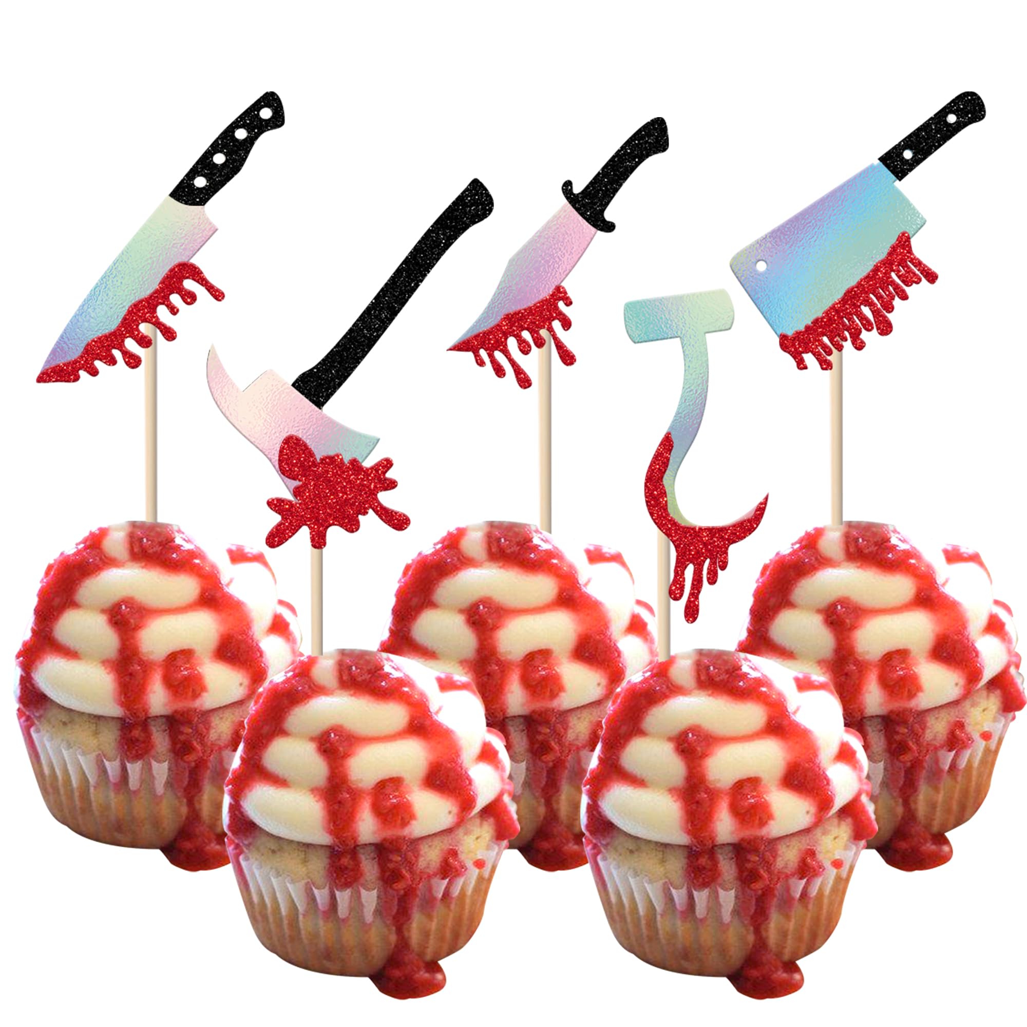 SYKYCTCY 30 Pack Halloween Knife Cupcake Toppers Glitter Scary Bloody Knife Cupcake Picks Killer Birthday Cake Decorations for Happy Halloween Theme Baby Shower Party Supplies