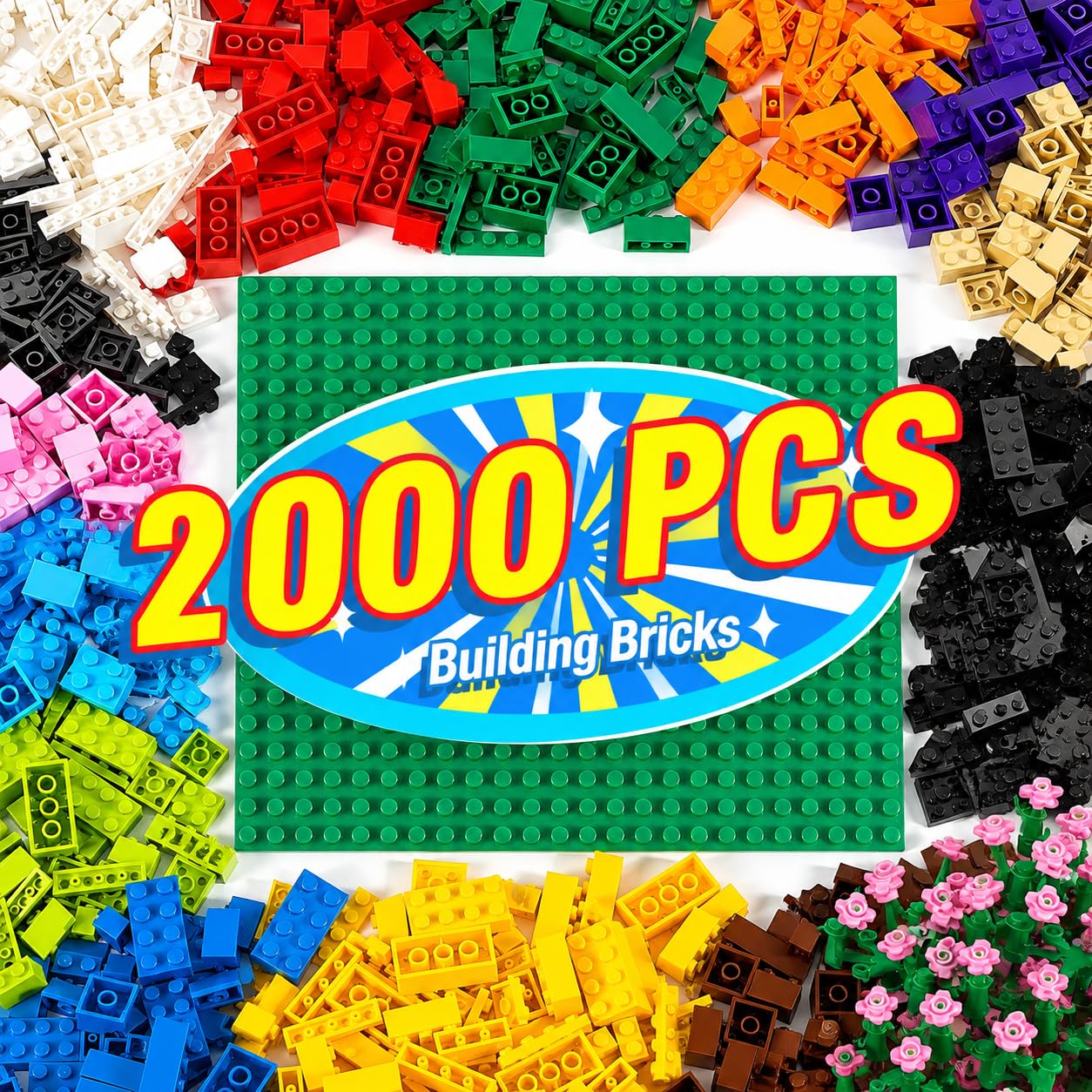 Lot de 2000 blocs de construction classiques avec 1 jeu de plaques de construction, 460 fleurs/arbres/prairies, compatible avec toutes les marques importantes, convient pour les garçons et