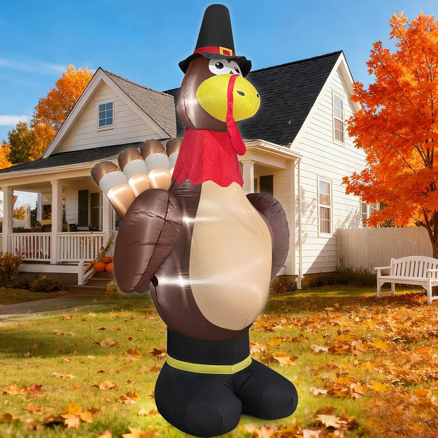 TURNMEON 12 Foot Giant Turkey Inflatables Fall Thanksgiving Decoration Outdoor with LED Lights 8 Stakes 4 Tethers 2 Weight Bags Blow Up Autumn Harvest Fall Decoration Outside Yard Garden Lawn Home