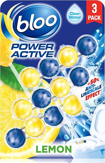 Bloo Power Active Toilet Rim Block Lemon, with Anti-Limescale, Cleaning Foam, Dirt Protection and Extra Freshness - Pack of 3 Rimblocks