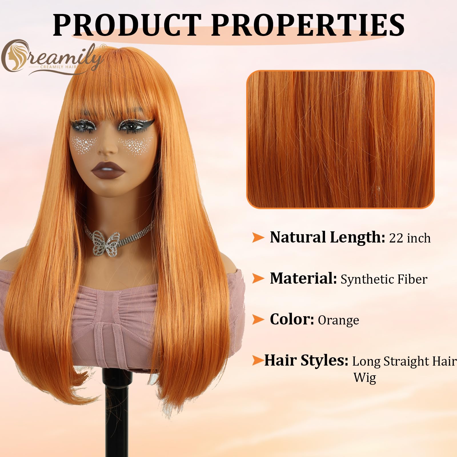 Creamily Long Orange Wig with Bangs - Image 2