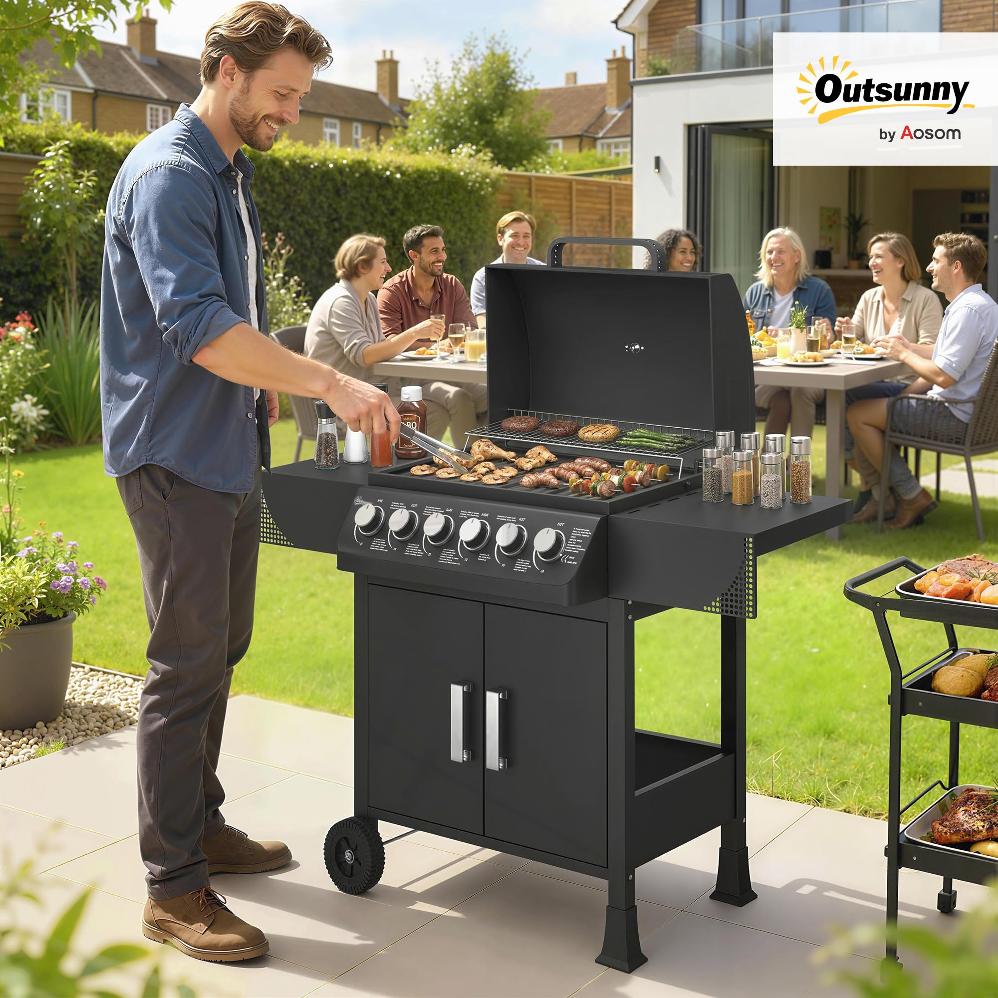 Outsunny Barbacoa de Gas BBQ Gas con 6 Quemadores 15 kW, Barbacoa Portátil con Termómetro, Mesas Laterales, Armario, Rejilla Calentadora, Parrilla, Recogedor de Grasa, 2 Ruedas y Tapa, Negro