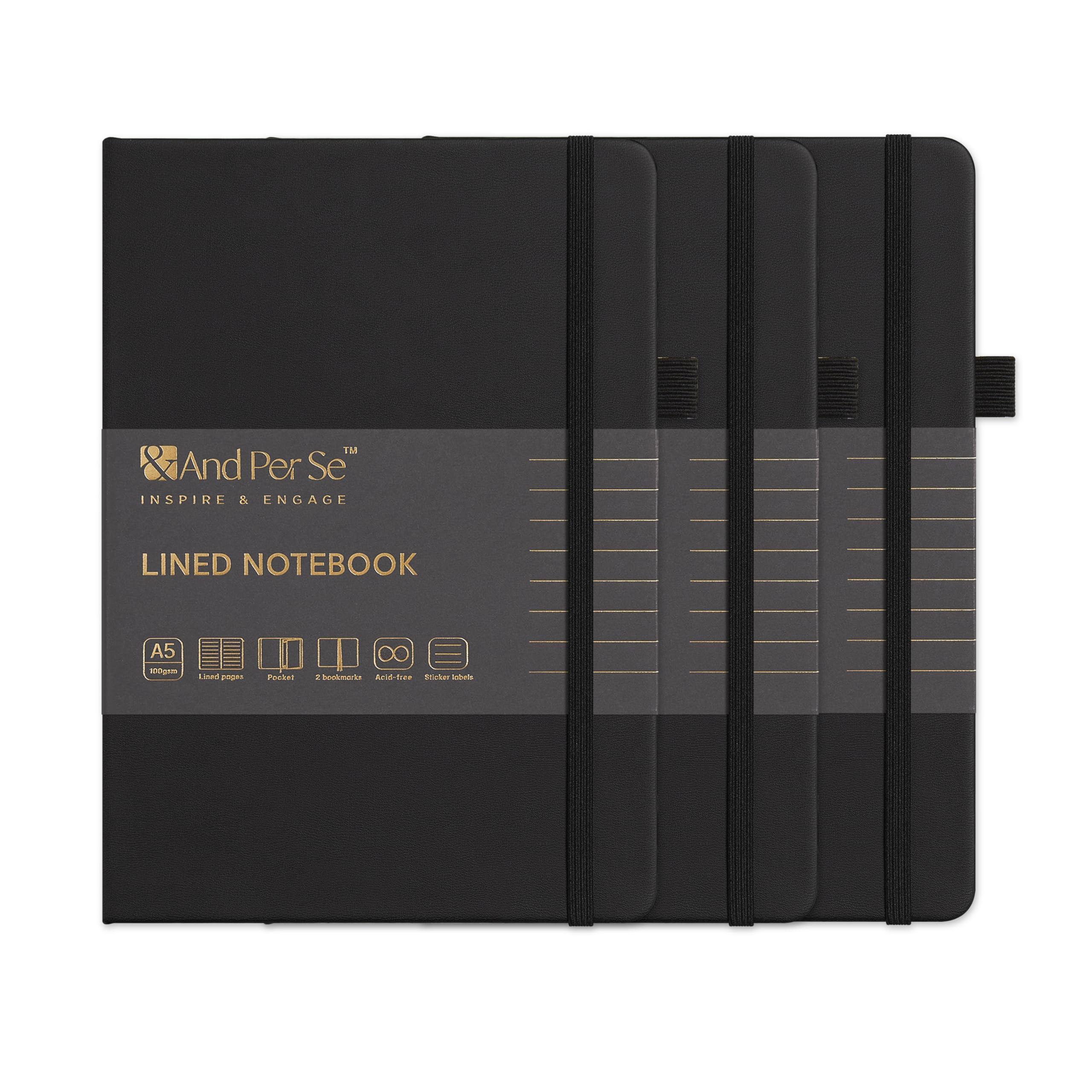 &And Per Se Lined Notebooks, 3 Pack, A5 Hardcover Journals, 160 Page Thick Paper, 100 GSM, Notebook for Office, School (Black) — image 1