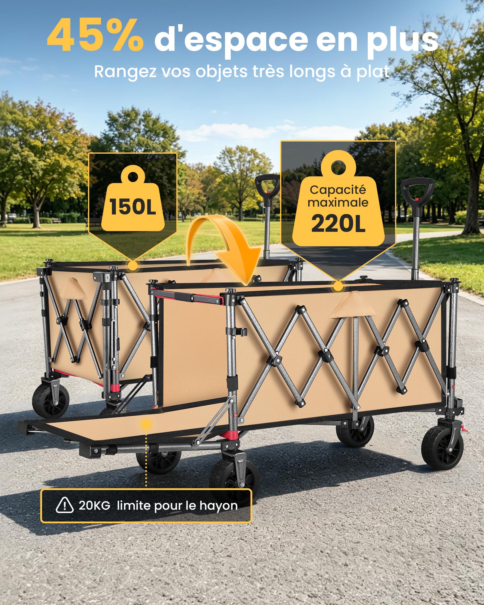 YEAUPE PRO Chariot Pliable 220L 200KG, Roues Larges Tout-Terrain, Kaki | Porte Arrière Rabattable pour Objets Longs, Chariot de Plage Léger 10.5KG pour Jardin, Camping, Courses & Événements Sportifs
