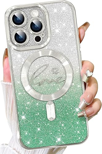 Vista 623 de Fiyart - Funda transparente magnética con purpurina para iPhone 12 para mujeres, con grabado "Love" metálico, protección para cámara y antigolpes
