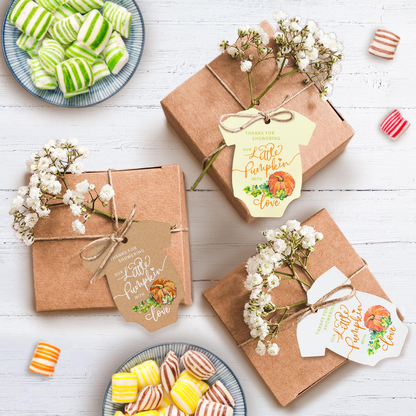 Summer-Ray 50pcs Thanks for Showering Our Little Pumpkin with Love Baby Shower Favour Tags (White), Small - Image 2