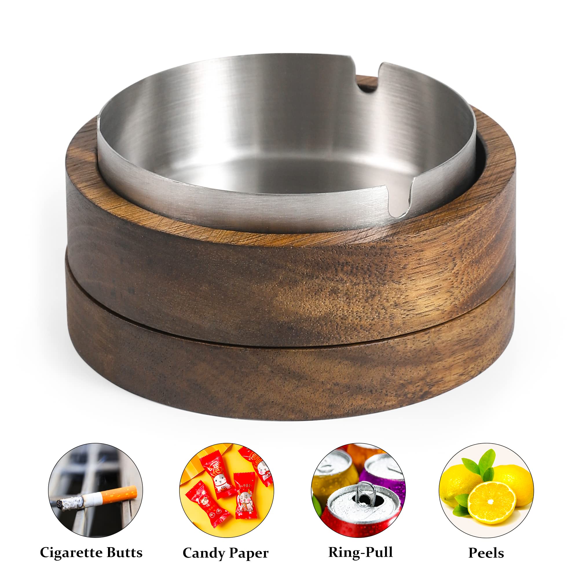 Posacenere in legno con coperchio per fumatori, rivestimento in acciaio inox, antivento, durevole, facile da pulire, posacenere fresco per uso interno o esterno, patio, ufficio e casa