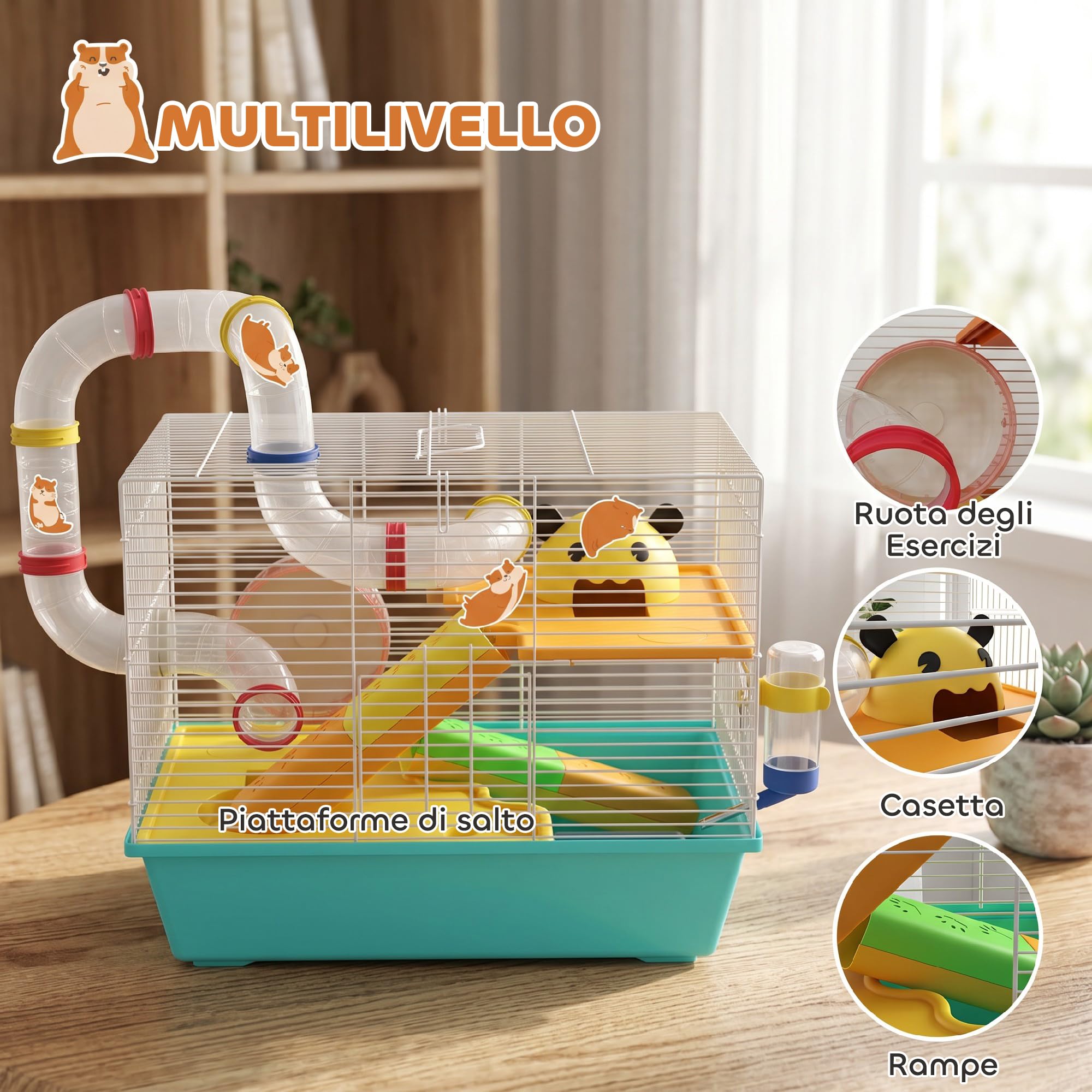 PawHut Gabbia per Criceti con Ruota, Casetta, Ciotola, Rampe e Serbatoio dell'Acqua, Gabbia per Gerbilli in Acciaio, PS e PP, 45x28x37 cm, Bianco e Azzurro