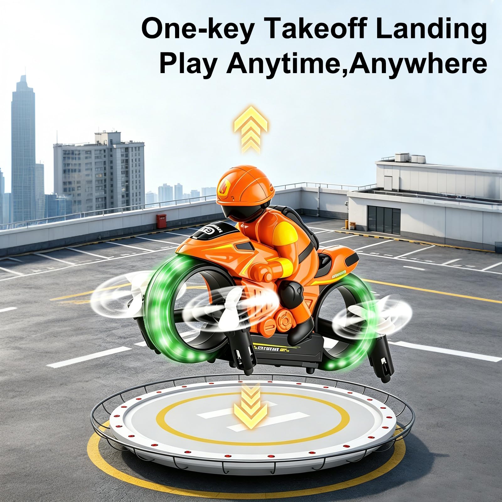 OBEST Motocicleta teledirigida 2,4 G, 2 en 1, avión no tripulado de tierra y aire, giro de 360°, vuelo flotante automático, modo sin cabeza, iluminación LED, función de carga USB