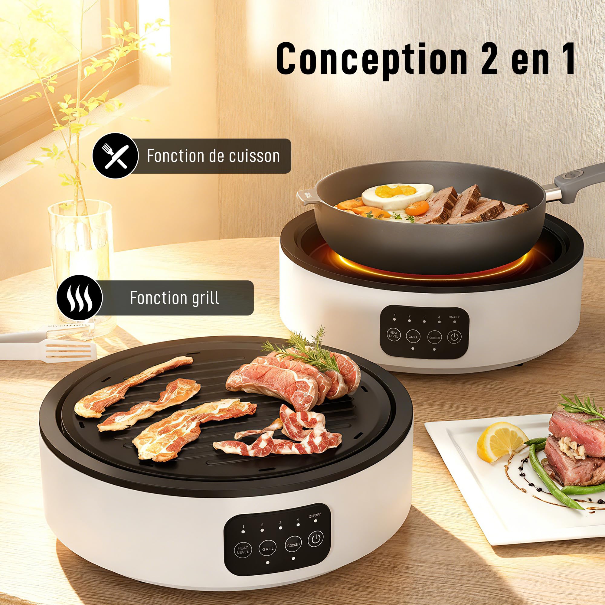 HOMCOM Plaque de cuisson et de gril 2 en 1 vitrocéramique, 2000 W, blanc | 4 niveaux de puissance, affichage LED, bac récupérateur graisse, chauffage infrarouge, tous types de casseroles
