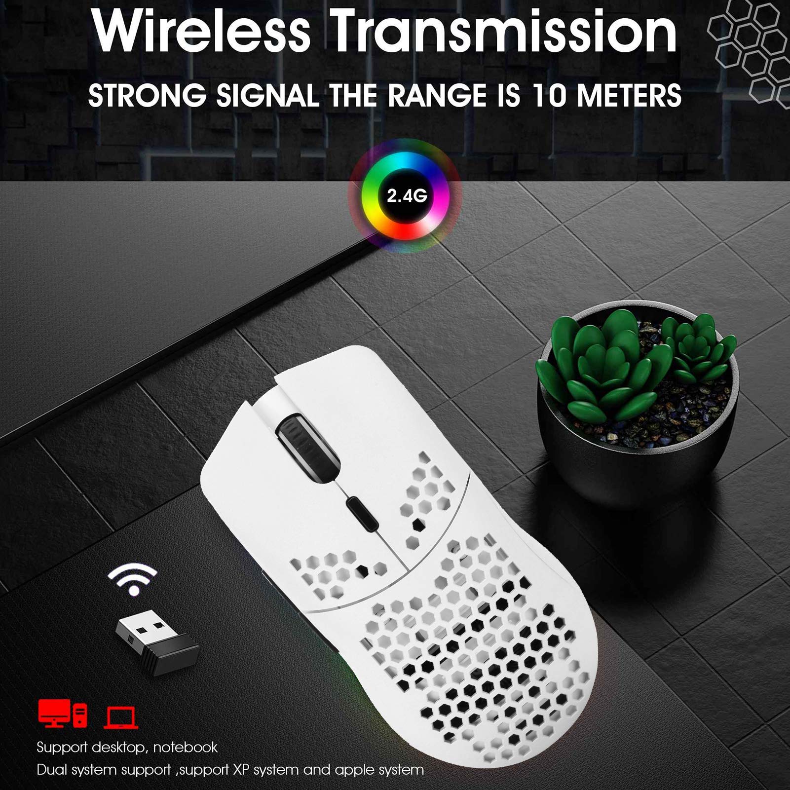 Dilwe Mouse da Gioco Wireless T66, Mouse RGB 6 Pulsanti Proggrammabili, Sensore Ottico 3600 DPI, Struttura Nido d'Ape, Disegno Ergonomico, Batteria al Litio Ricaricabile(Bianca)