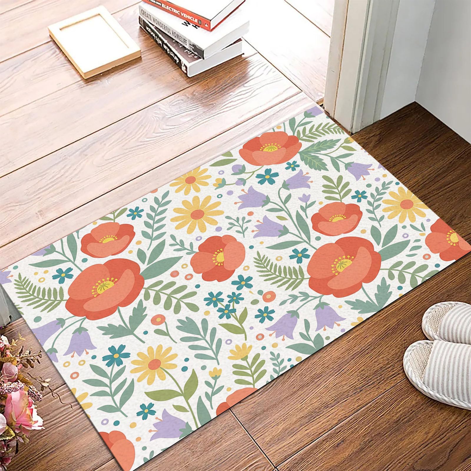 Paillasson plantes mignonnes vert orange : tapis entrée intérieur 50x80 cm