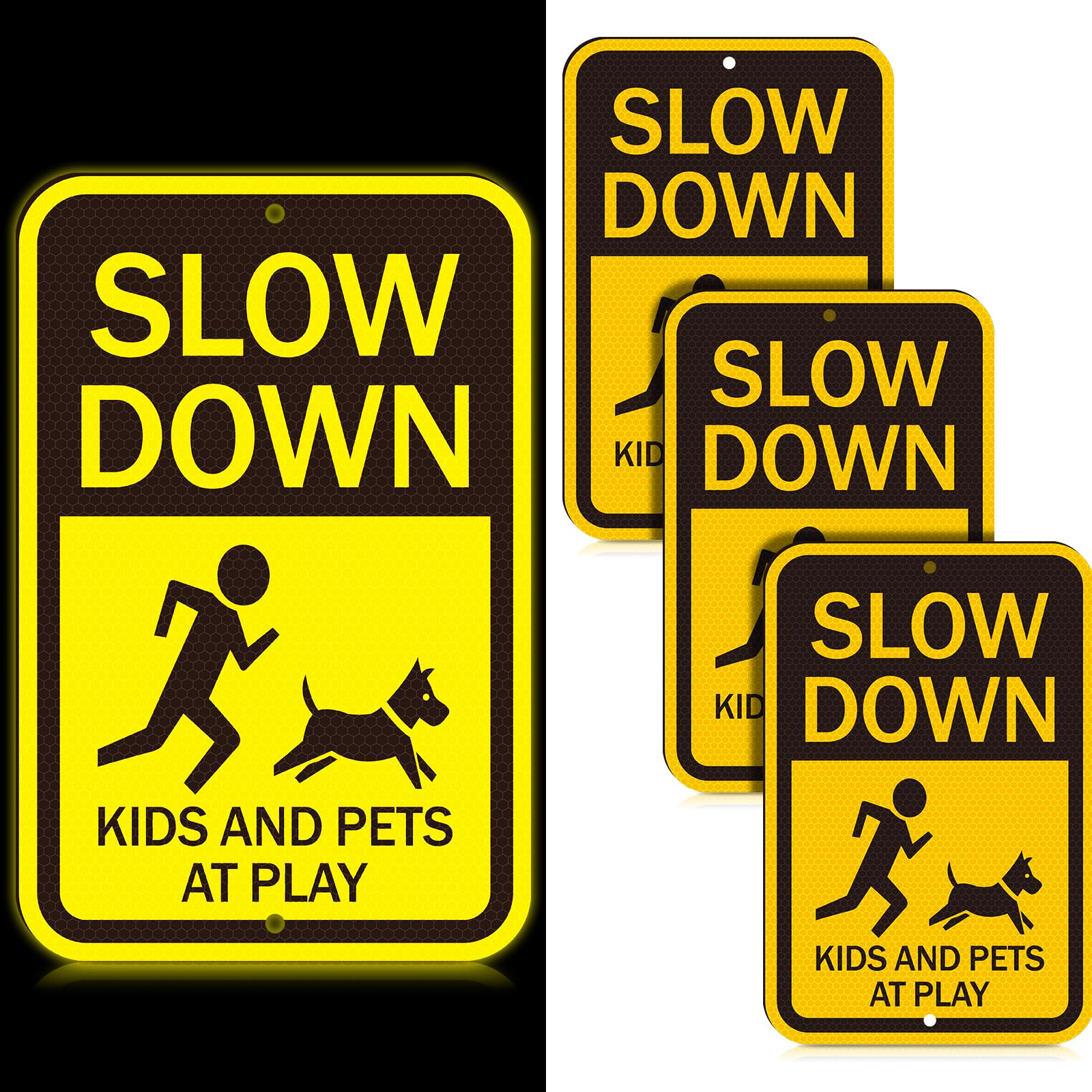 Xuhal 3 Pack Reflective Slow Down Kids and Pets at Play Signs Children Playing Safety Signs for Neighborhoods 16x11in Rustproof Aluminum Kids at Play Sign for Driveway or Yard Indoor Outdoor (Yellow)