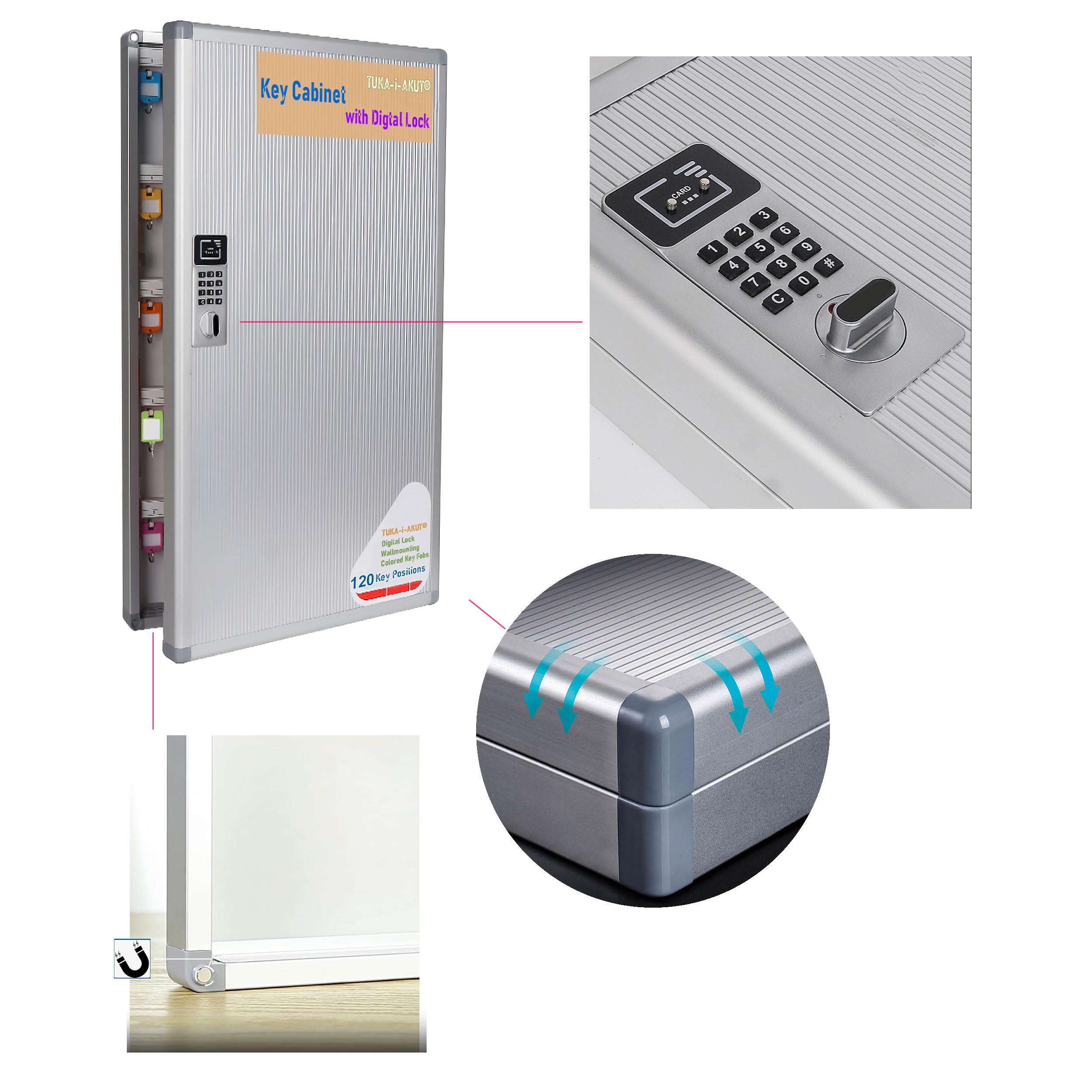 TUKA-i-AKUT Armoires à 120 Clés avec Serrure Électronique, Métal Placards à Clés pour Montage Mural, avec Porte-Clés + Kit de Montage, Boîte à Clés de Alliage d'Aluminium Armoires à Clés TKD8651-120