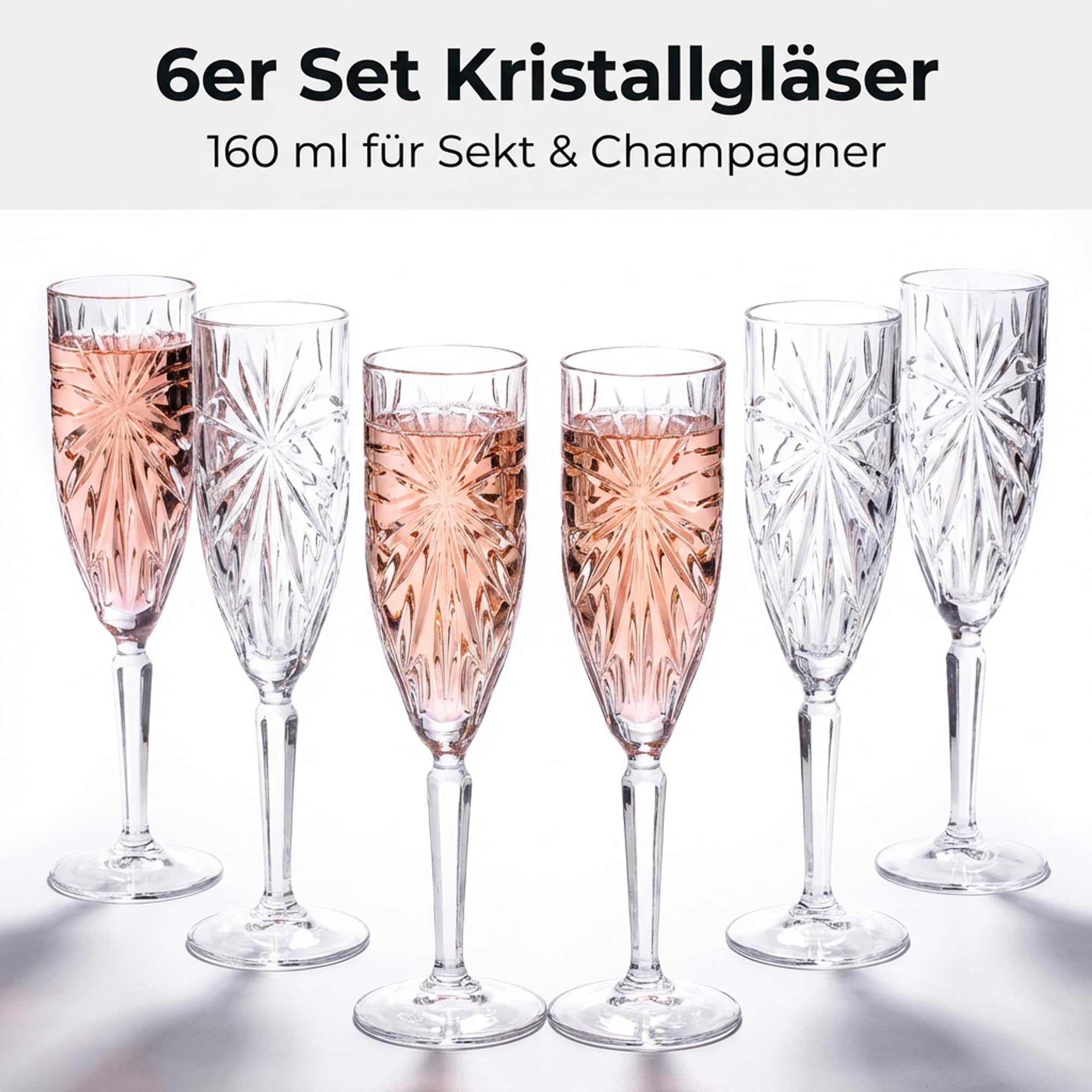 Der-Porzellan-Laden by RCR Oasis Sektgläser 160ml, 6er Set, Champagner Gläser aus Kristallglas, Facettenschliff, spülmaschinengeeignet, Made in Italy