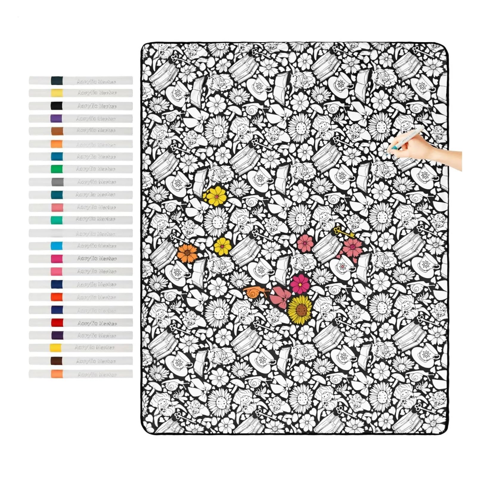Eixovhira diy coloring blanket DIY Coloring Blanket with 24 Colored Markers(Flowers and birds)